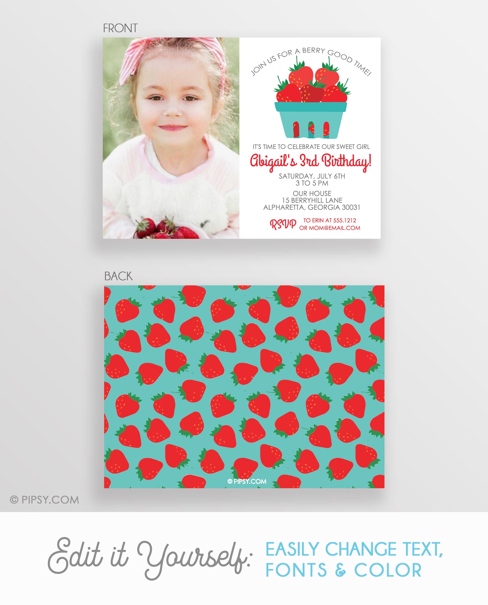 Strawberry Girl Photo Birthday Invitation | DIY Templett Invitation Instant Download | PIPSY.COM