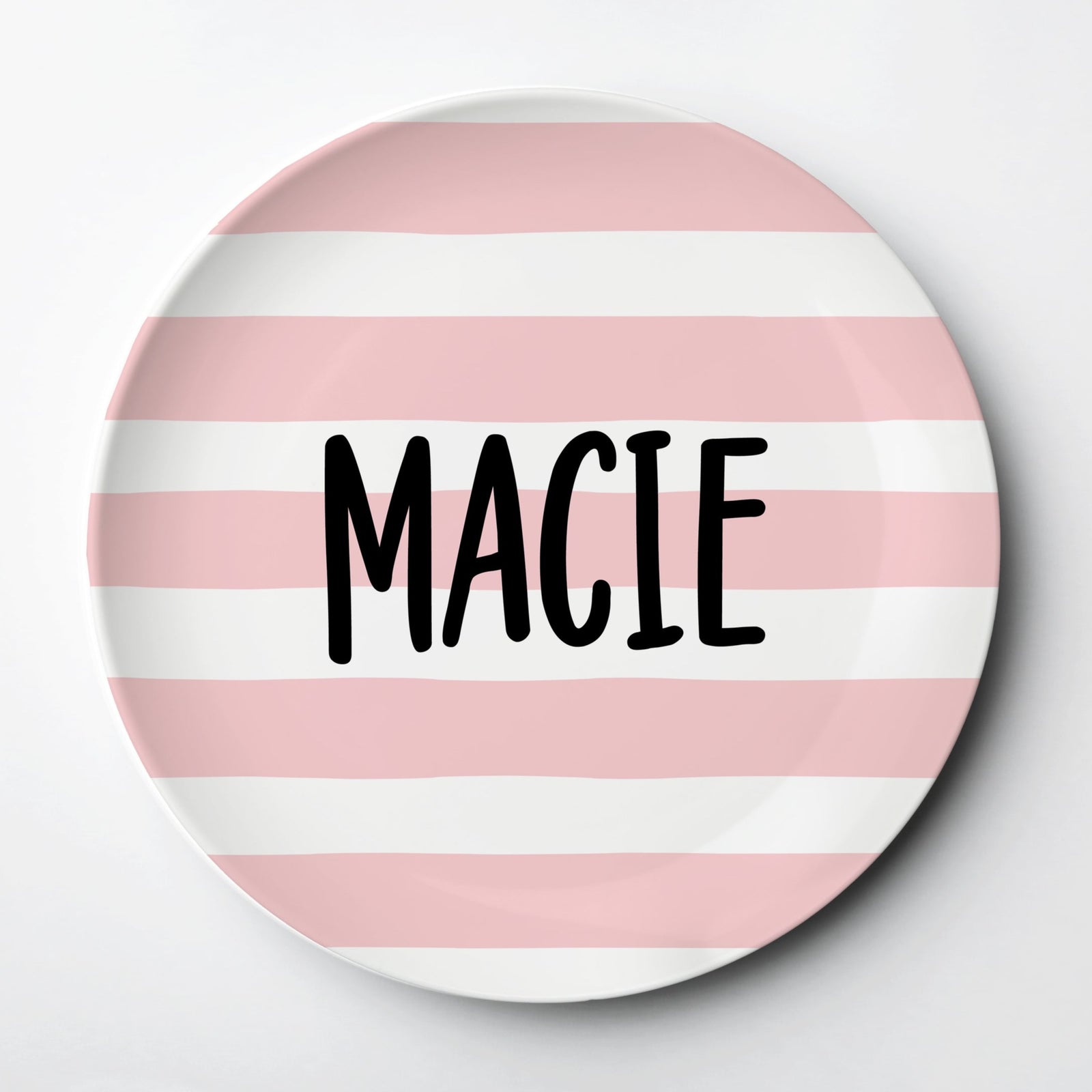 Simple pink stripes personalized ThermoSāf® kids reusable plate, microwave, dishwasher and oven safe. Made in the USA, Pipsy.com