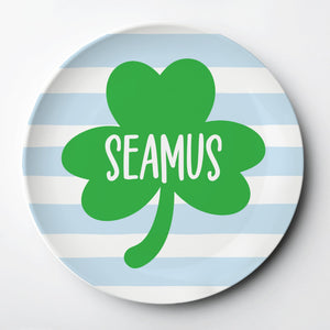 Personalized St. Patrick's Day Plate with a green shamrock and blue stripes. The  stripes can be made an any of our Pipsy Swatch colors.