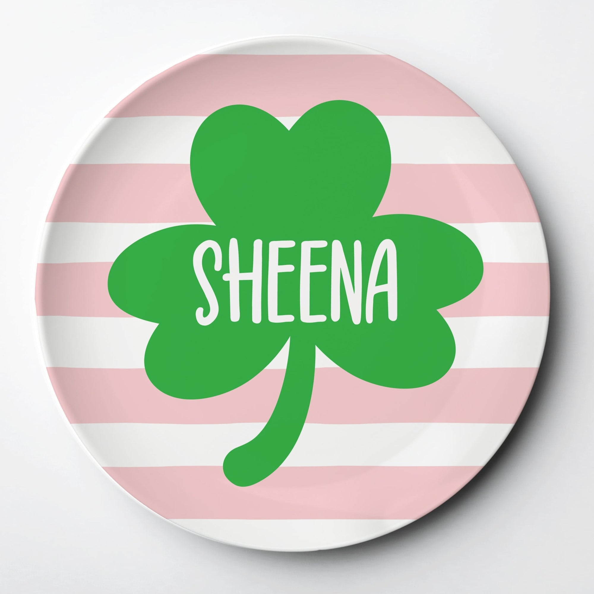St. Patrick's Day personalized plate with a shamrock and pink stripes. You can choose any color for the sriptes