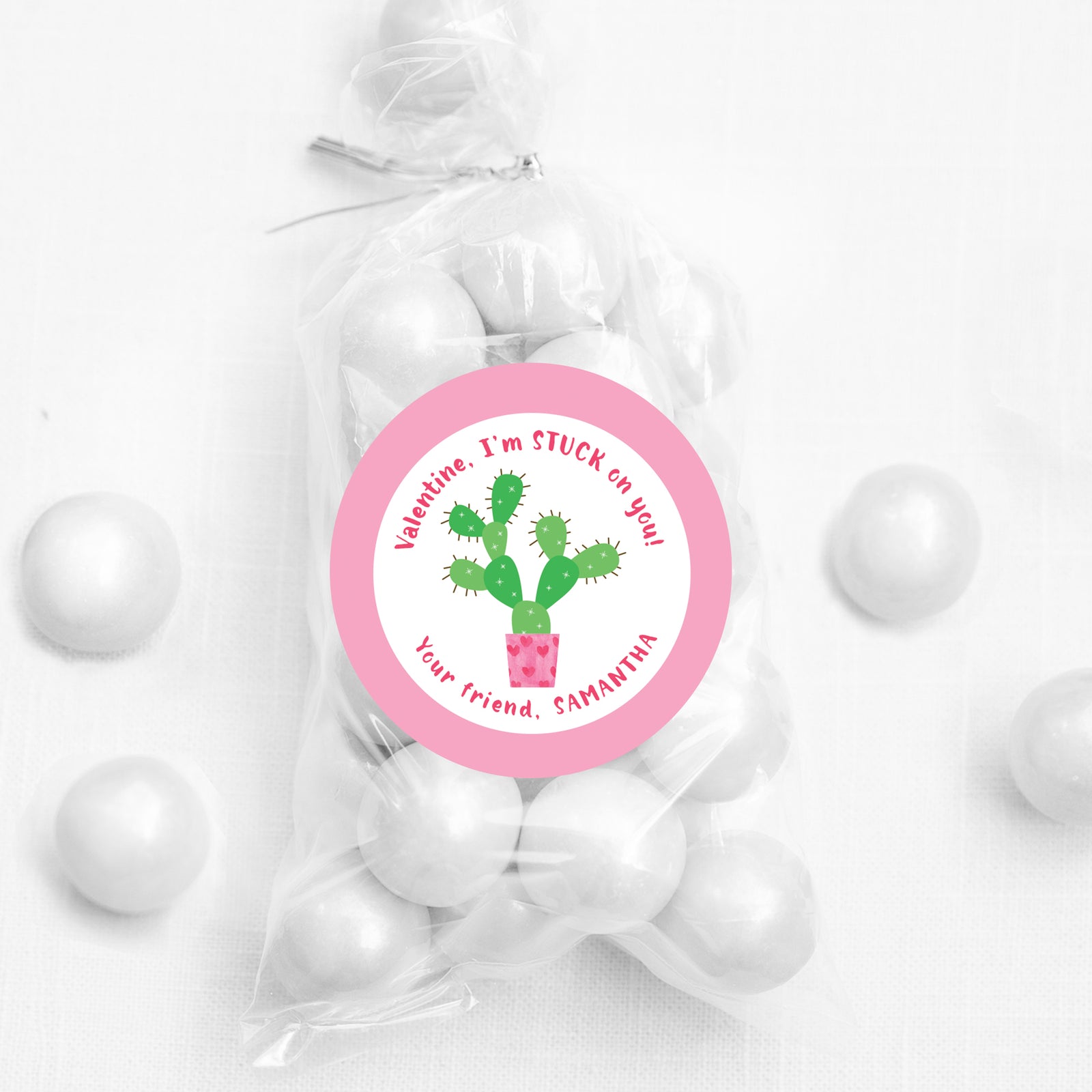 Cactus Stickers - Stuck on you Valentine | 2.5" round Valentine's day stickers for candy bags | class party | Personalized |PIPSY.COM