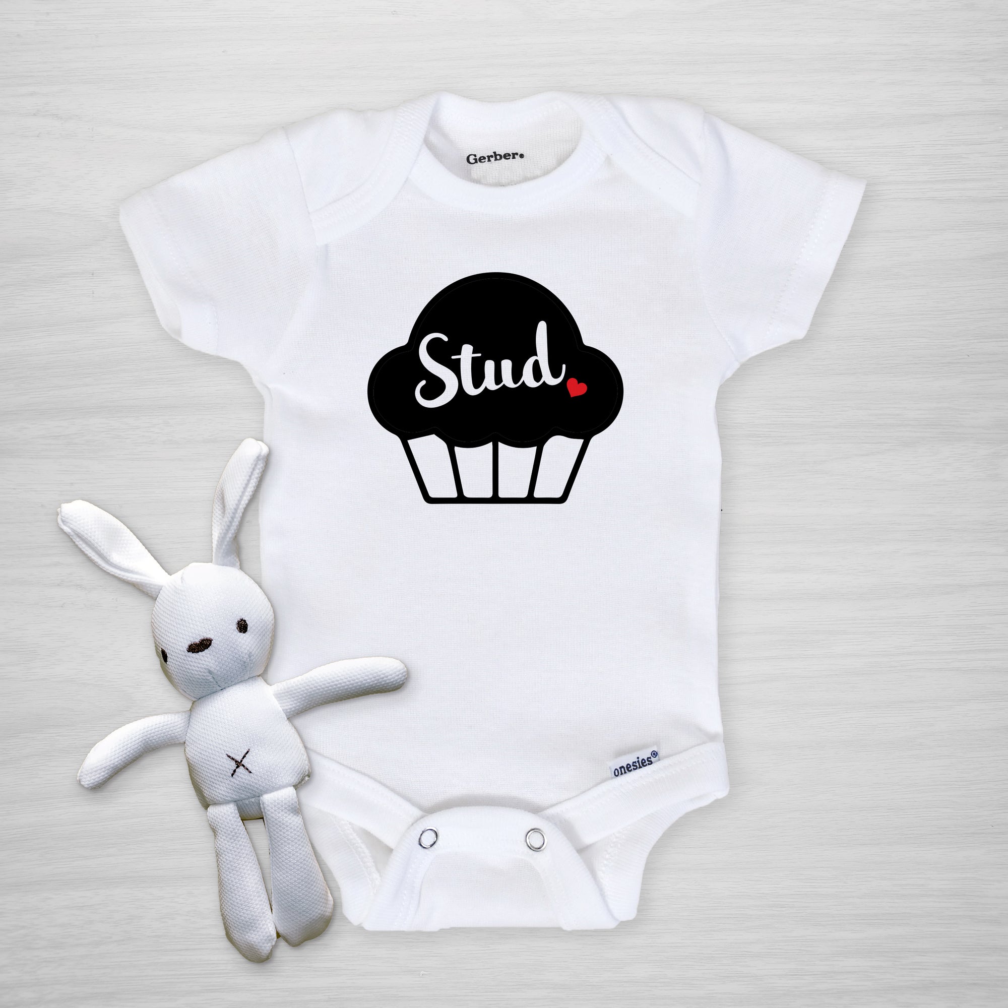 Stud Muffin Baby Gerber Onesie, Custom printed in Pipsy's Nashville studio, short sleeved