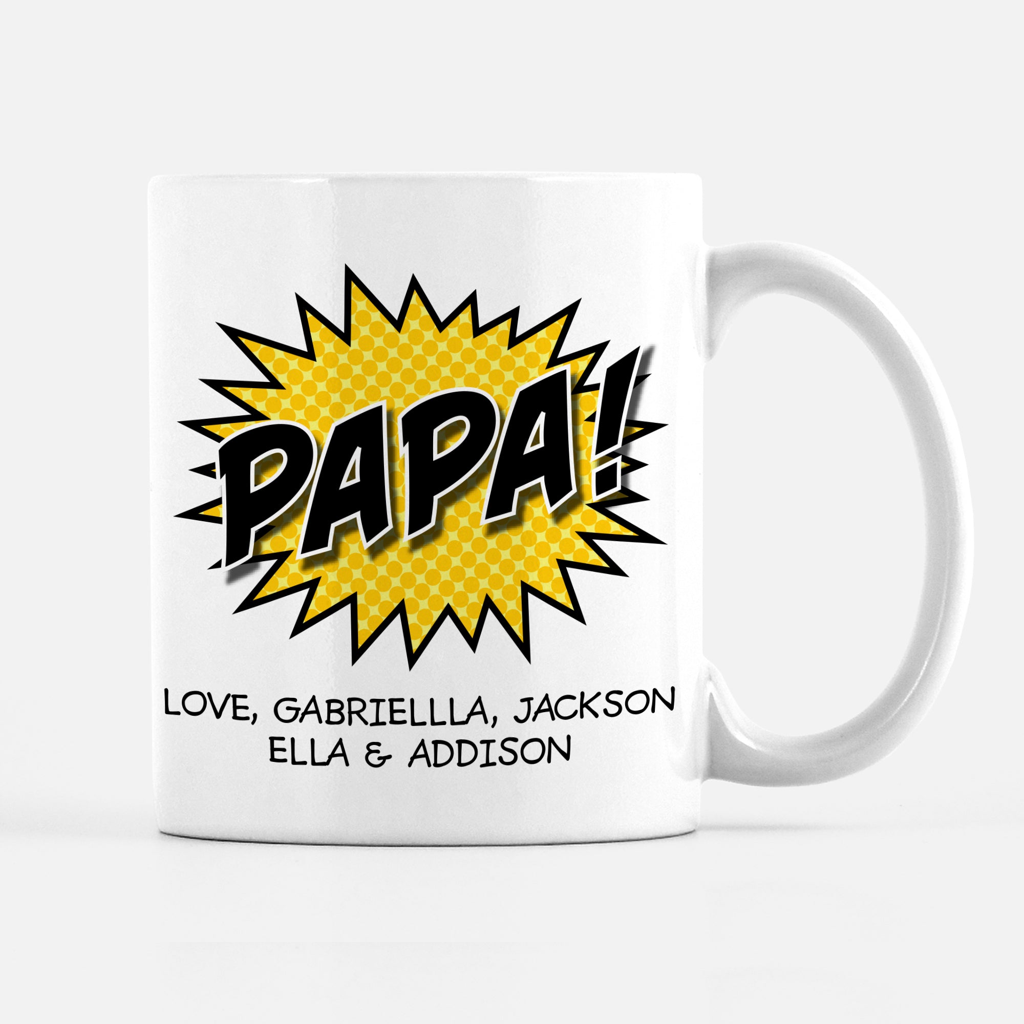 Superhero Father's Day mug, personalized with your names