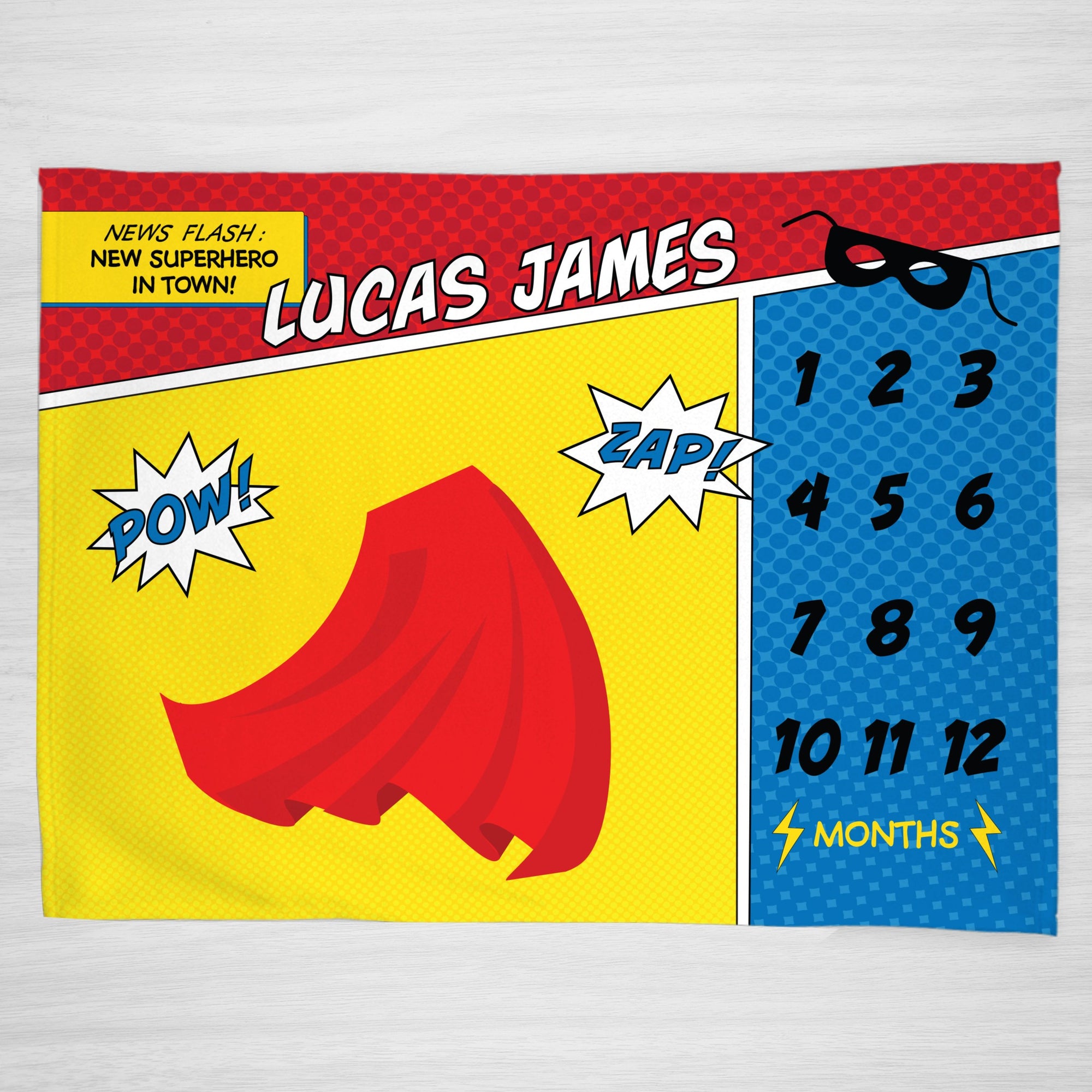 Superhero comic Milestone Blanket, personalized with a cape illustration