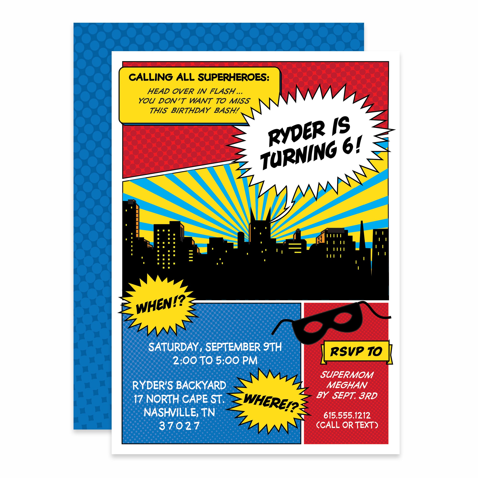 Superhero Comic Book Style Birthday Invitation, Printed on heavy cardstock, PIPSY.COM