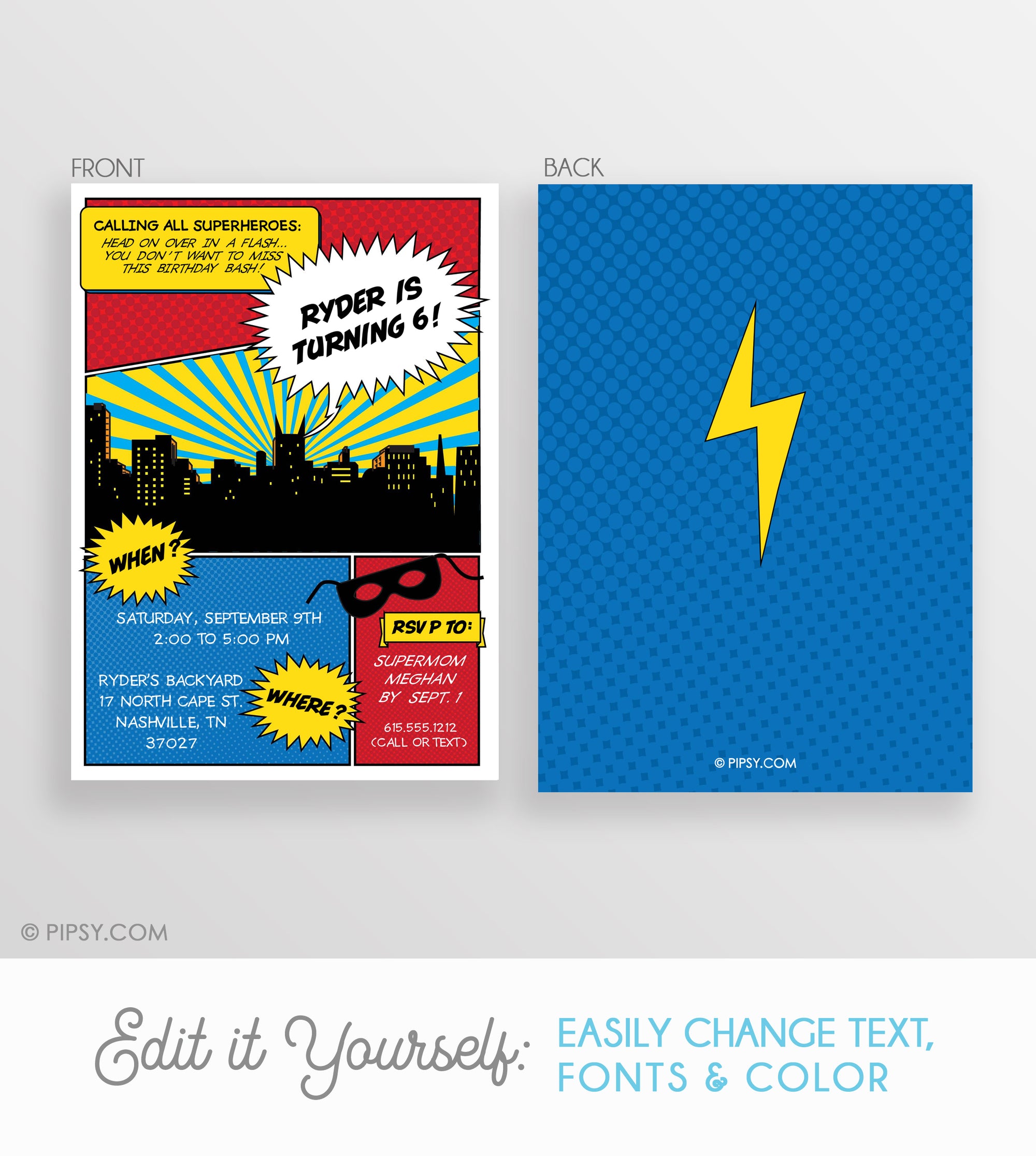 Superhero Birthday Invitation, DIY Instant Download, Edit and send today using templett.com, PIPSY, front and back view