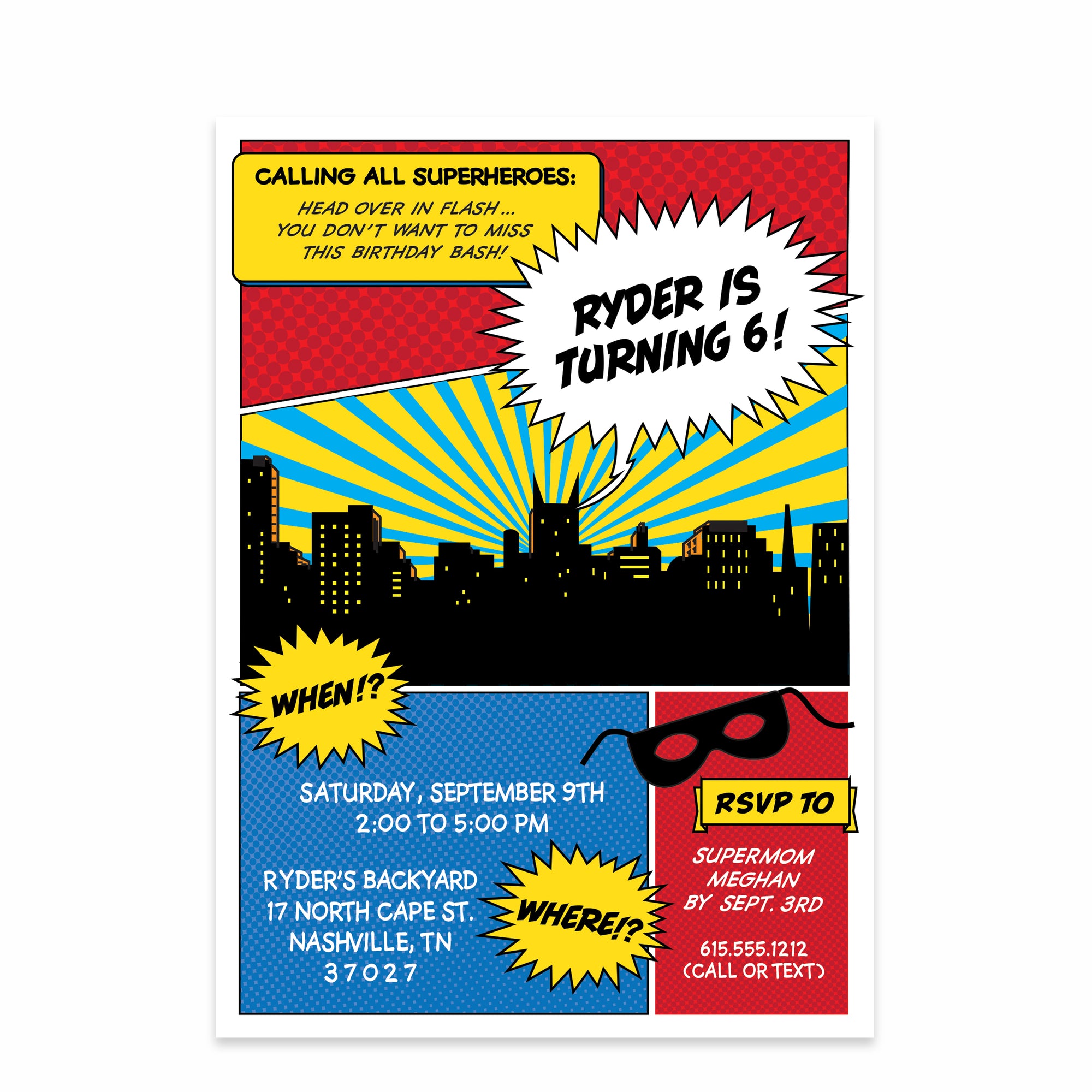 Superhero Comic Book Style Birthday Invitation, Printed on heavy cardstock, PIPSY.COM (front view)