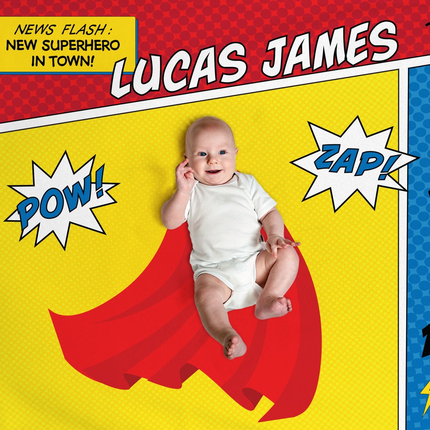 Superhero comic Milestone Blanket, personalized with a cape illustration