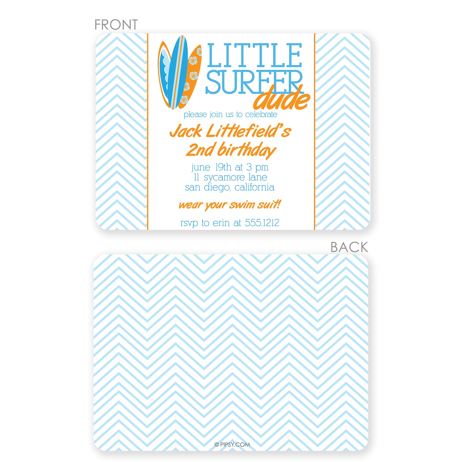 Little Surfer Dude Birthday Party Invitation, Printed on premium heavyweight cardstock with surf boards, Pipsy.com 