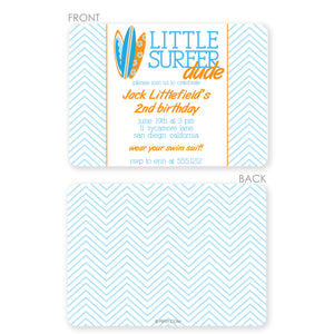 Little Surfer Dude Birthday Invitation, featuring three surfboards and chevron "waves". Printed on thick cardstok