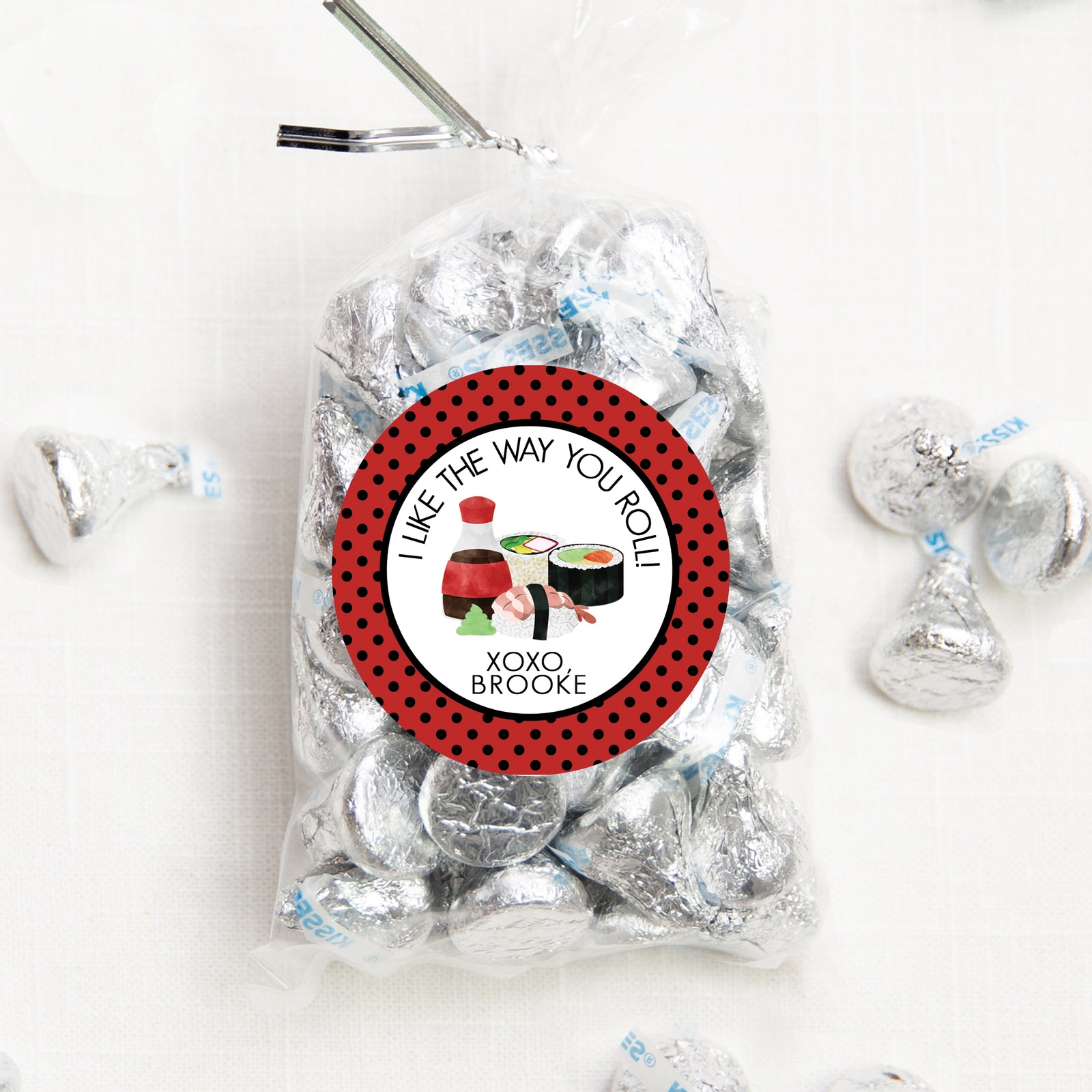 I like the way you roll | sushi | stickers | labels | 2.5" Round Valentine's Day Sticker for candy bag | Classroom Party | Personalized stickers | PIPSY.COM