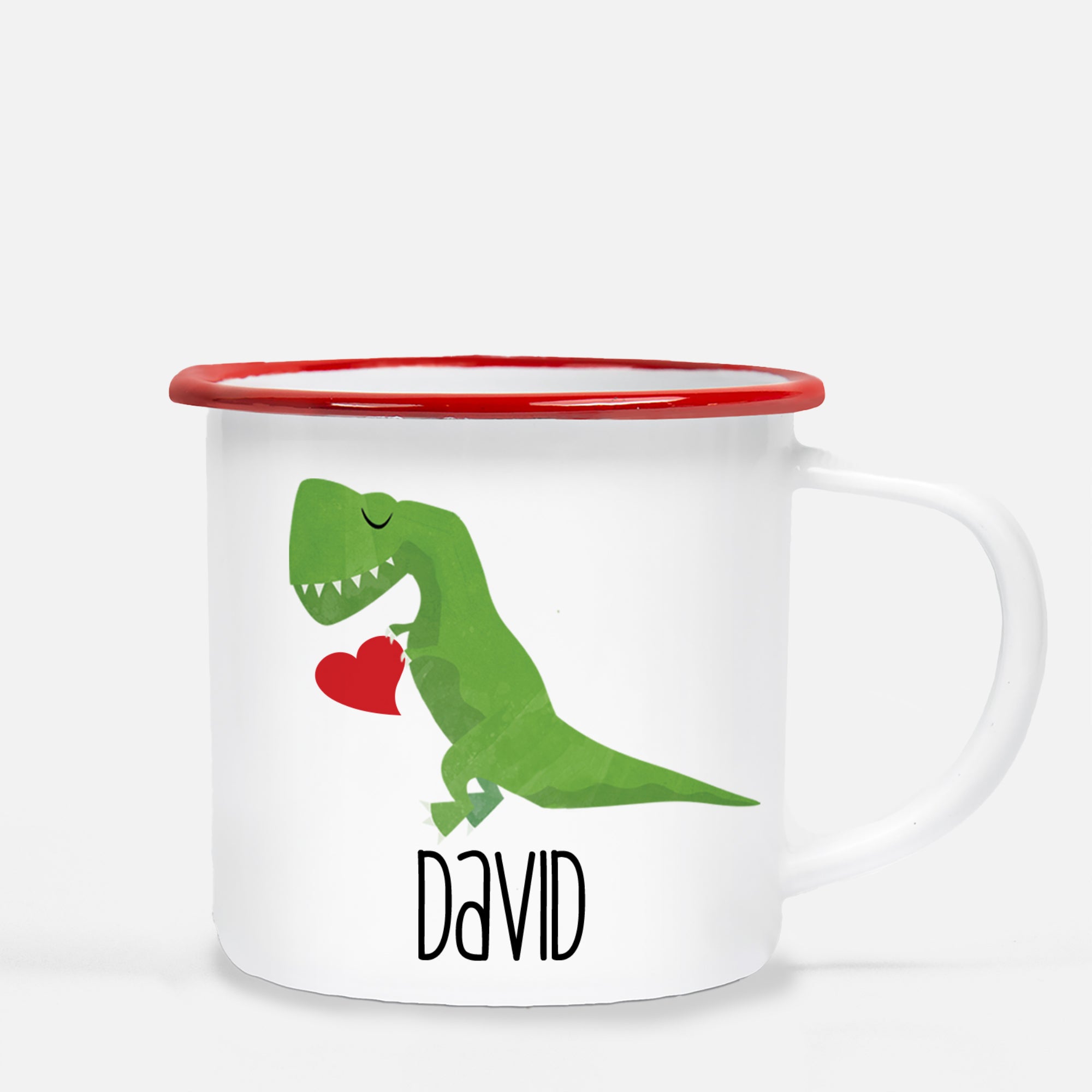 Dinosaur T- Rex holding a heart | Valentine's Day camp mug | Great personalized gift for Valentine's Day | 12 oz metal camp mug with red lip | Pipsy.com