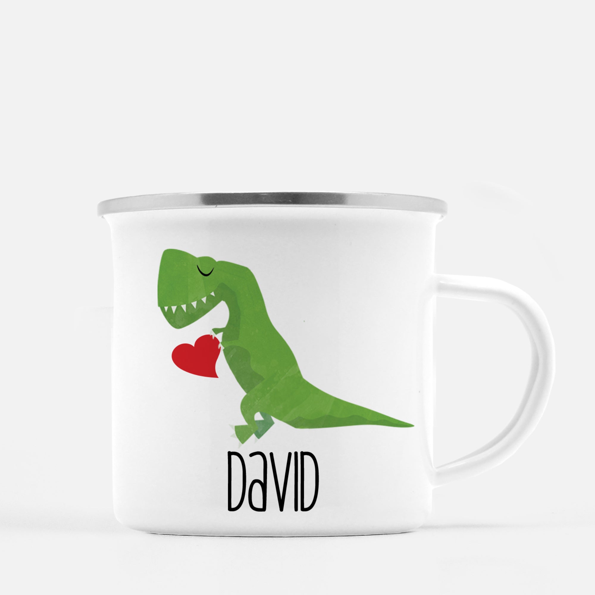 Dinosaur T- Rex holding a heart | Valentine's Day camp mug | Great personalized gift for Valentine's Day | 12 oz metal camp mug with silver lip | Pipsy.com
