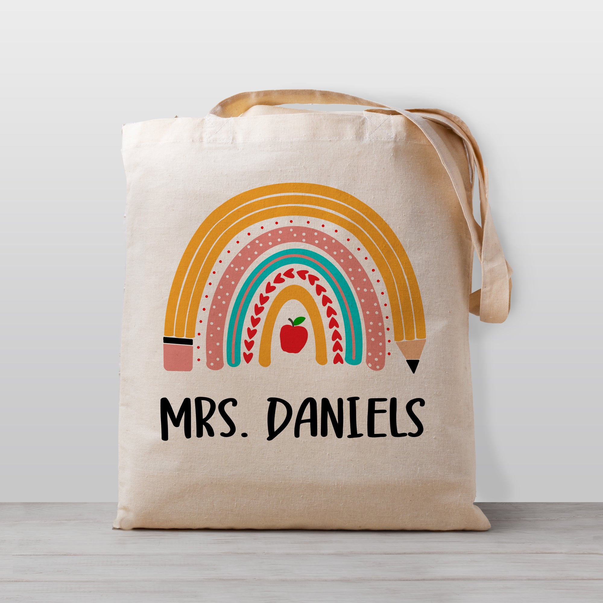 Teacher Gift, Personalized Pencil Rainbow Tote Bag, 100% Natural Cotton Canvas