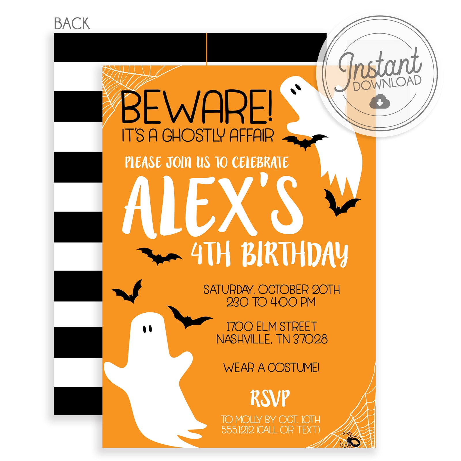 Birthday Friendly Ghost Halloween Orange Invitation (DIY)