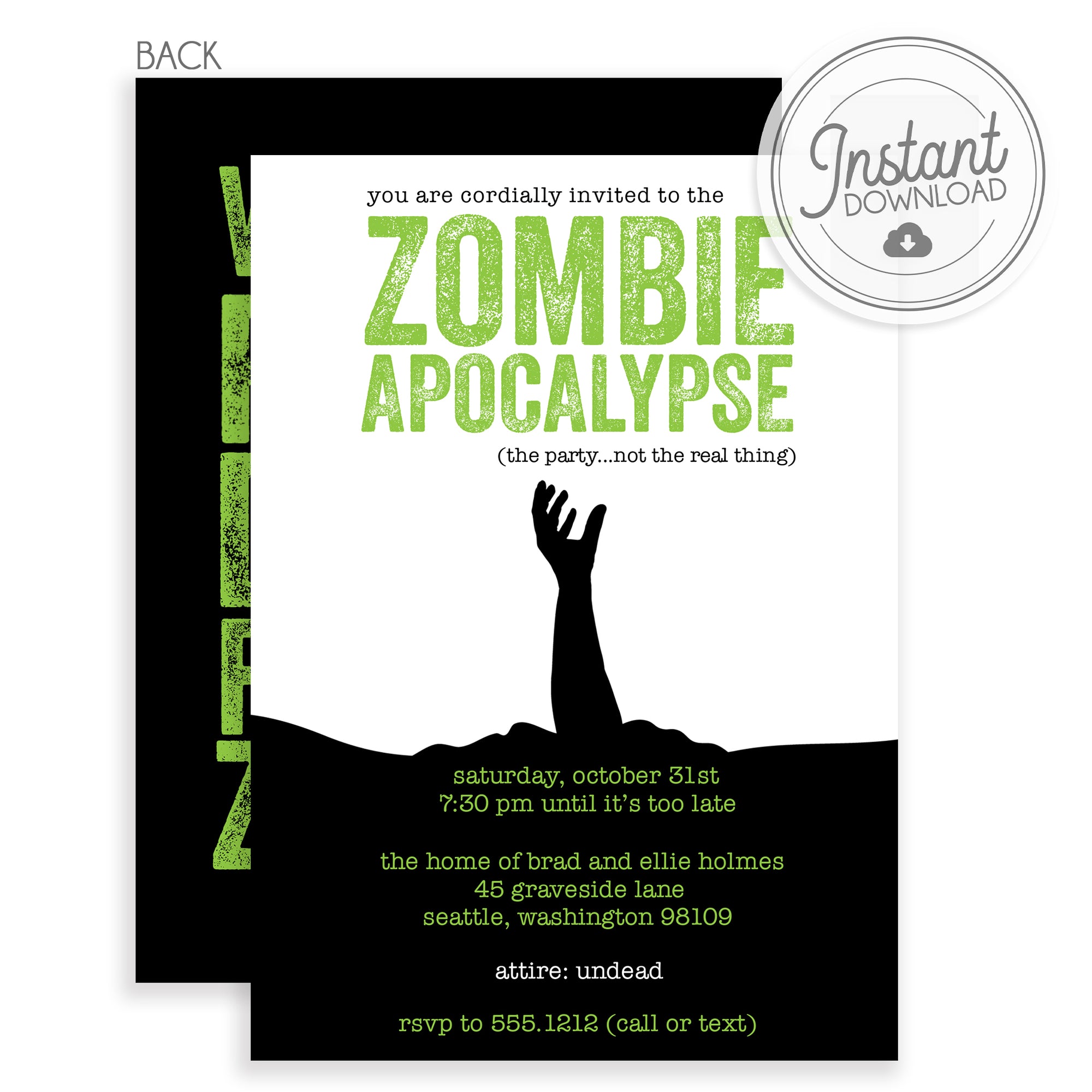 Zombie Apocalypse Halloween Party Invitation Black and Green (DIY)