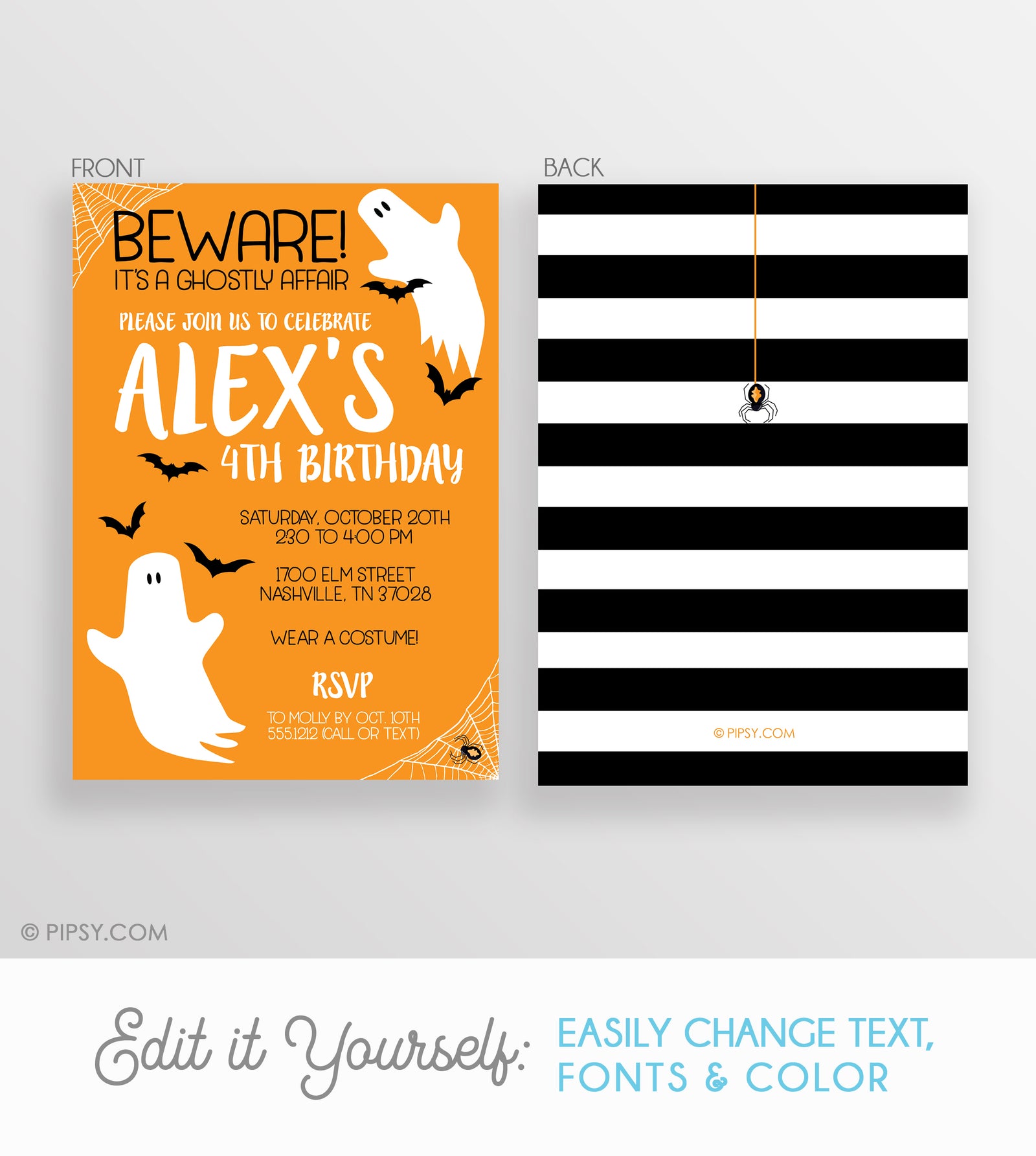 Birthday Friendly Ghost Halloween Orange Invitation (DIY)