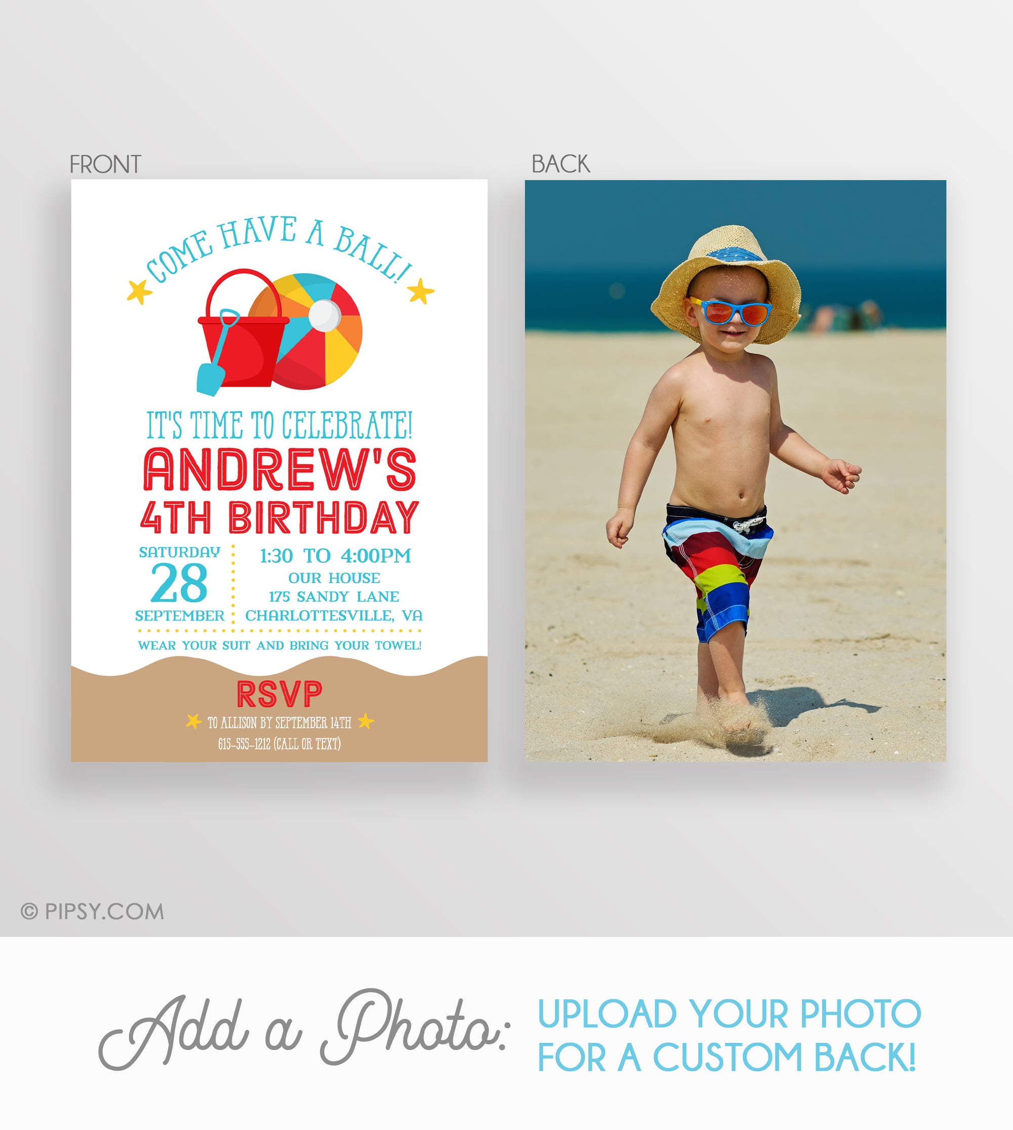 Beach ball birthday sand invitation, add a photo to the back