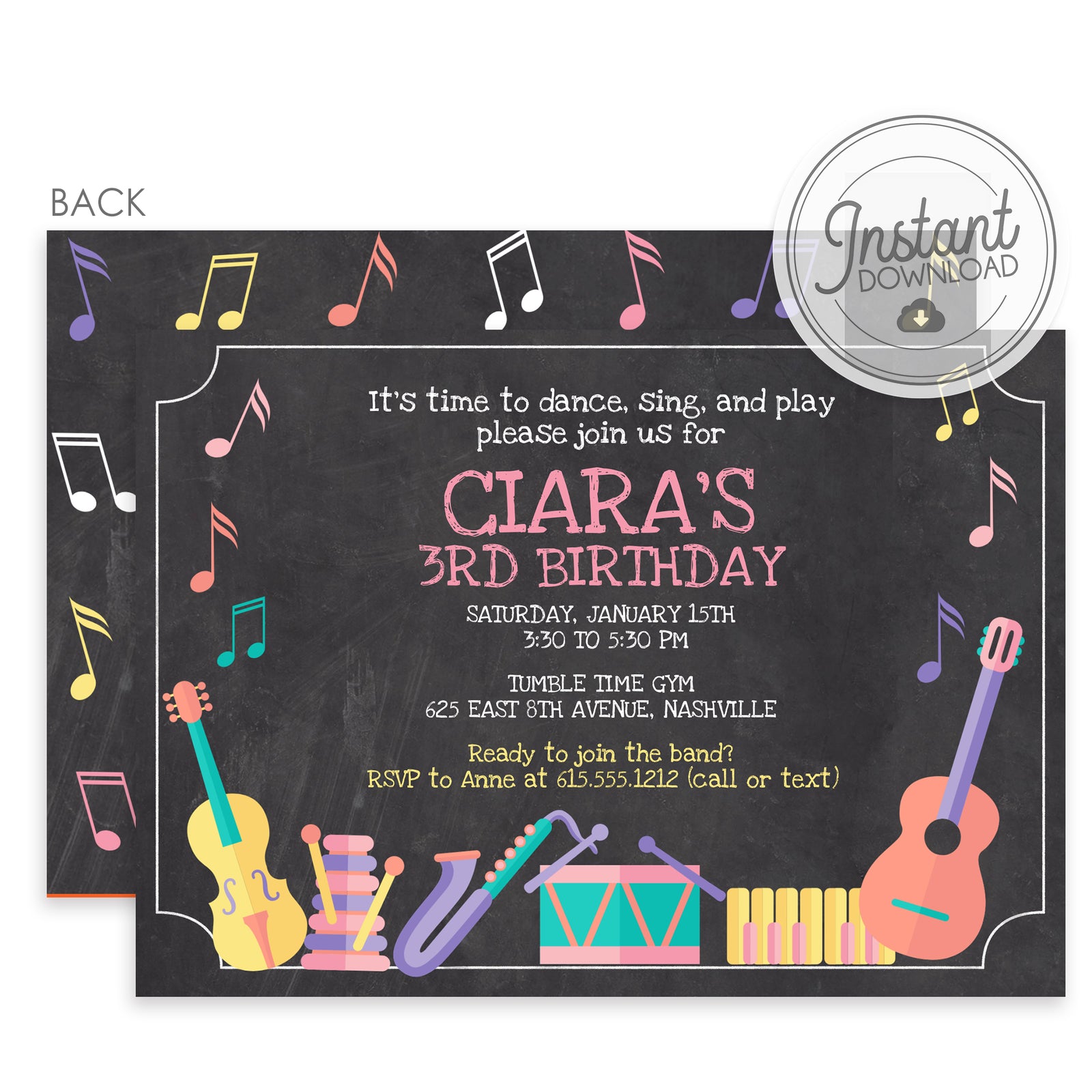 Musical Instruments Birthday Invitation Girl Pink (DIY Templett)