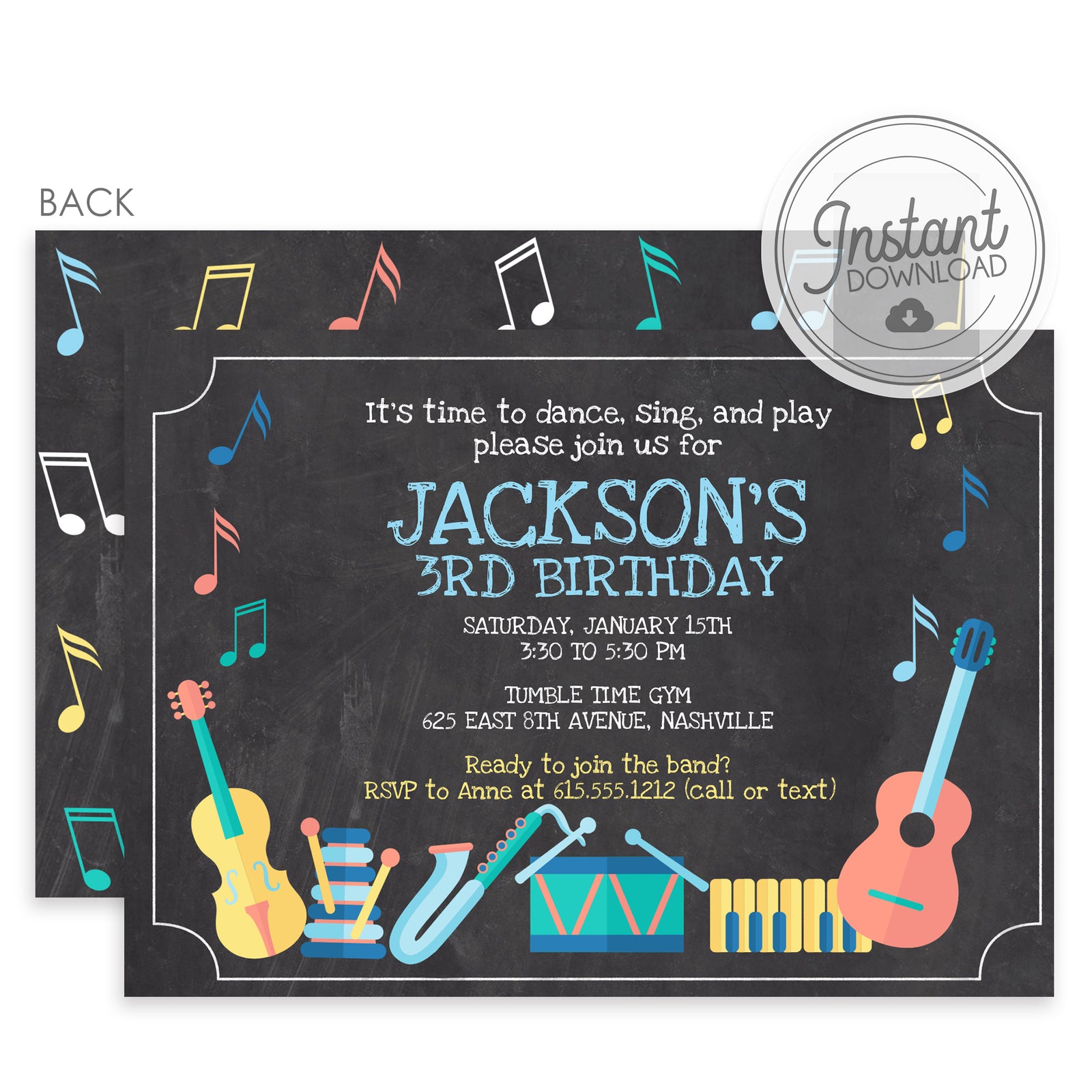 Musical Instruments Birthday Invitation Boy Blue (DIY Templett)
