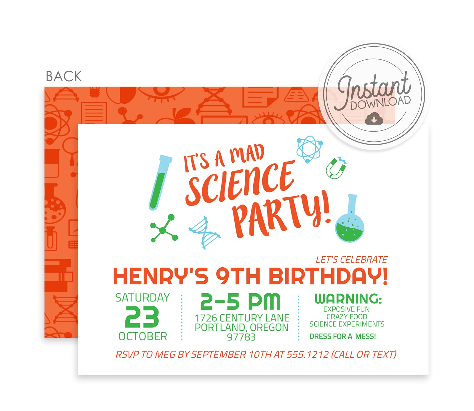 Mad Science Birthday Invitations, Orange & Green (DIY Printable)