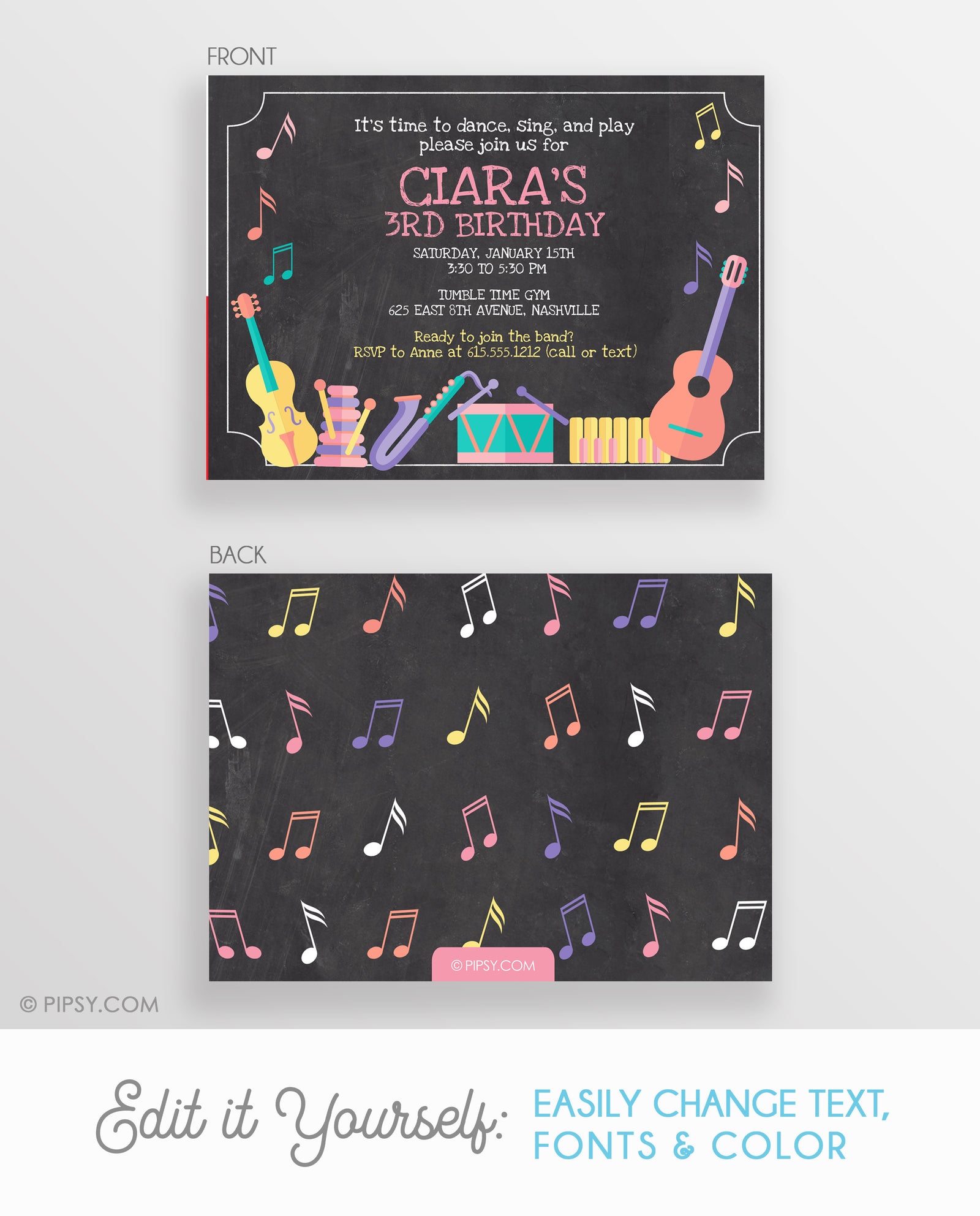 Musical Instruments Birthday Invitation Girl Pink (DIY Templett)