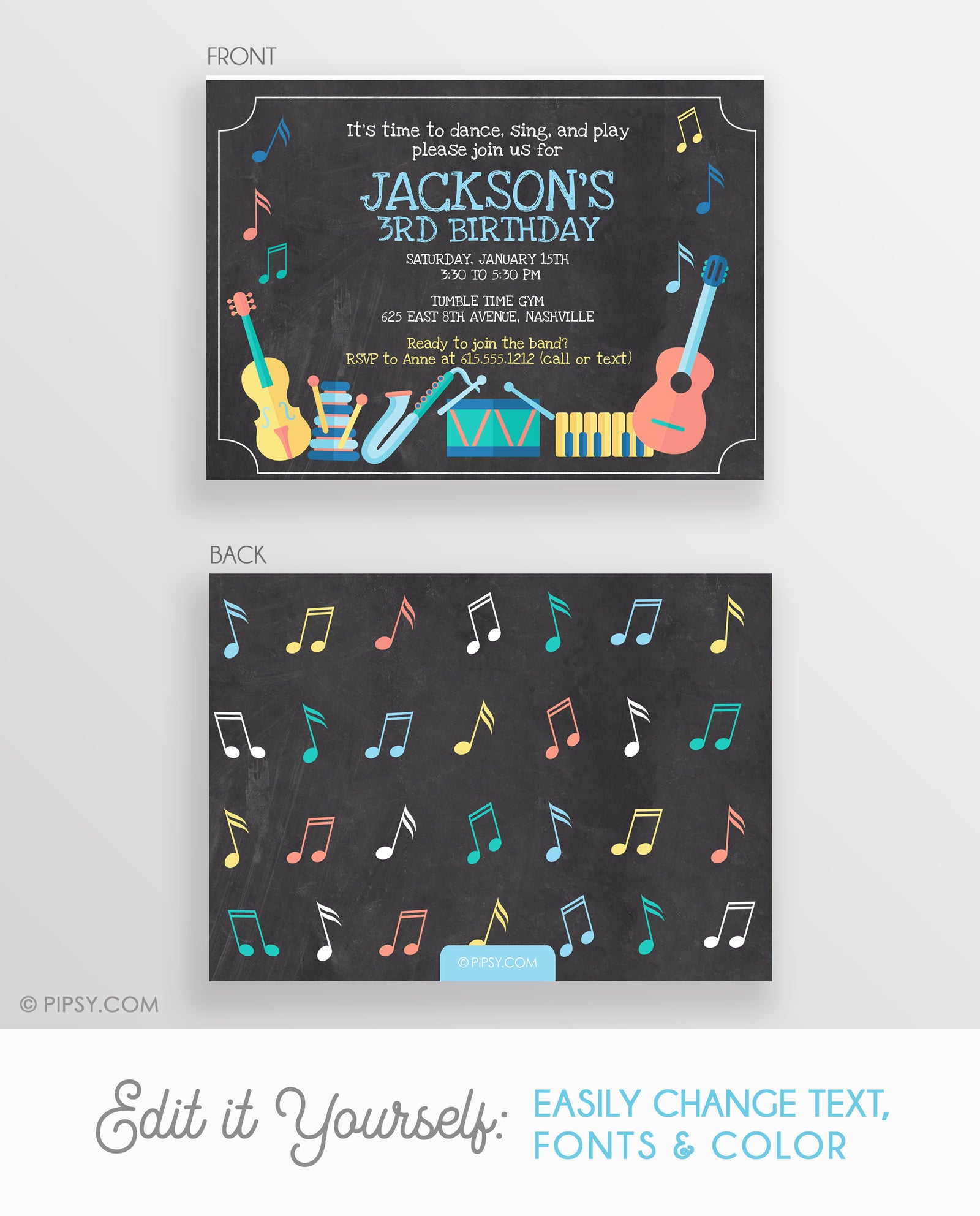 Musical Instruments Birthday Invitation Boy Blue (DIY Templett)