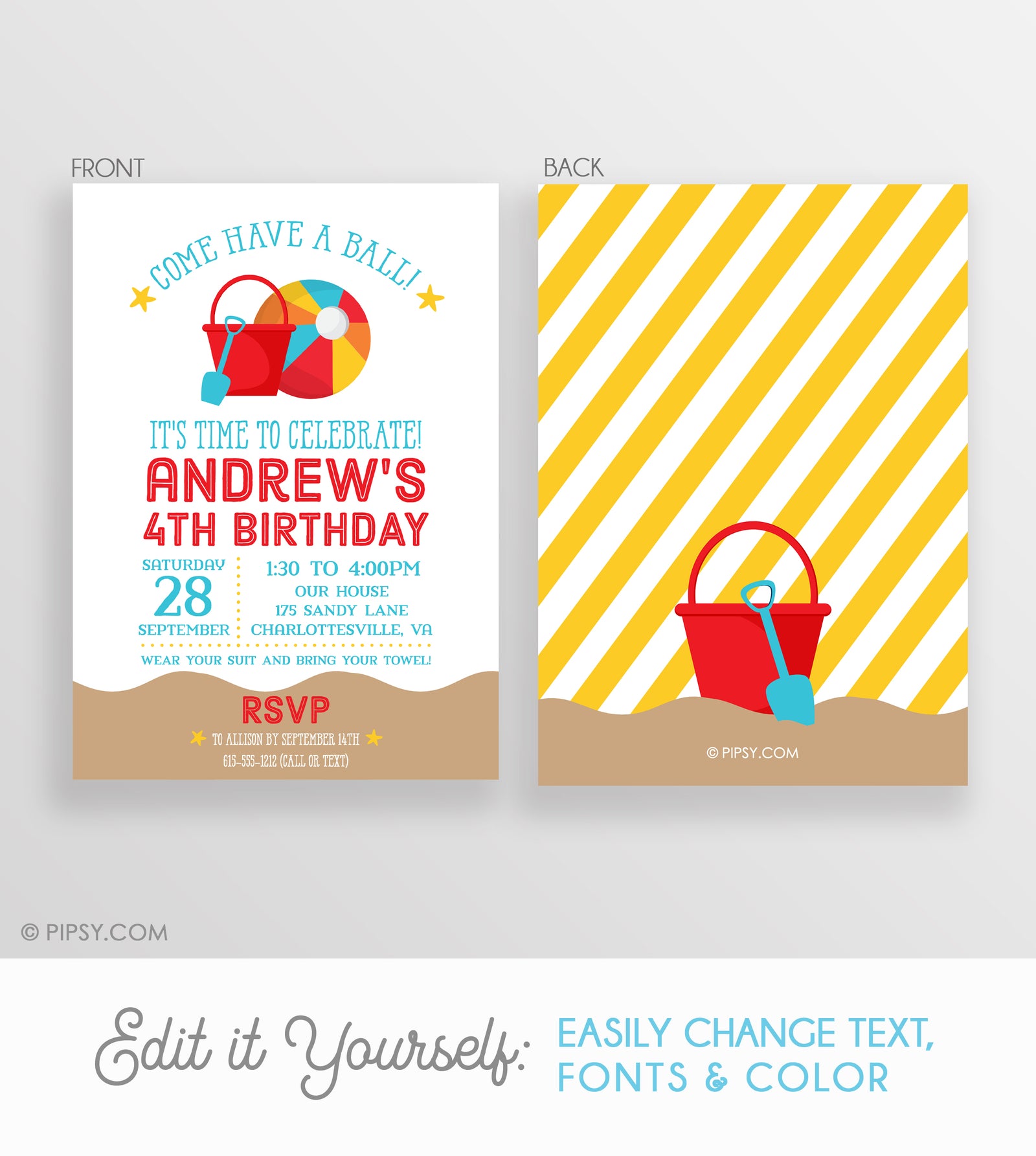 Beach Ball Birthday Invitation, DIY easy download and edit on your computer, fully change the colors and layout if needed, templett.com