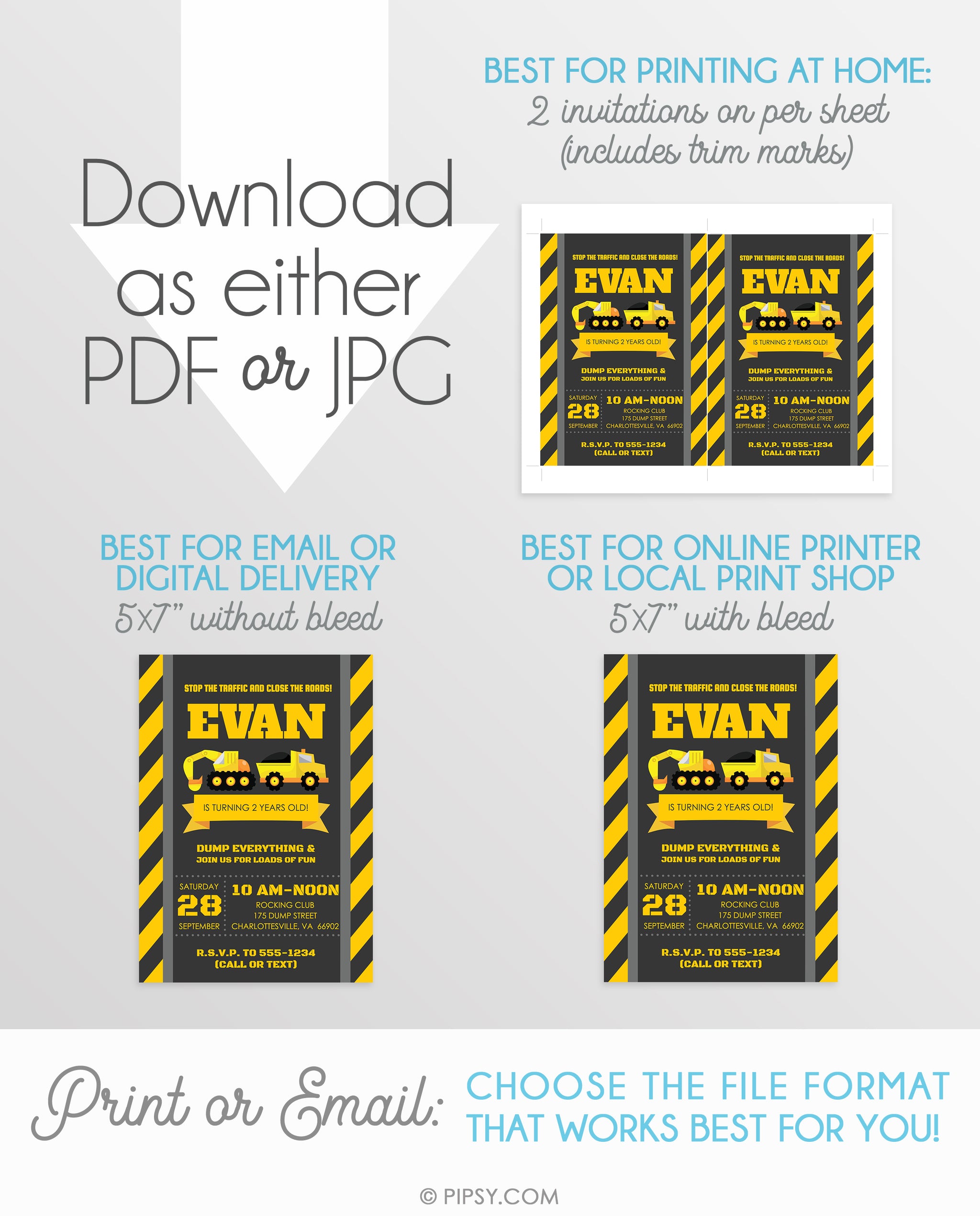 Construction Party Invitations DIY Printable Pipsy