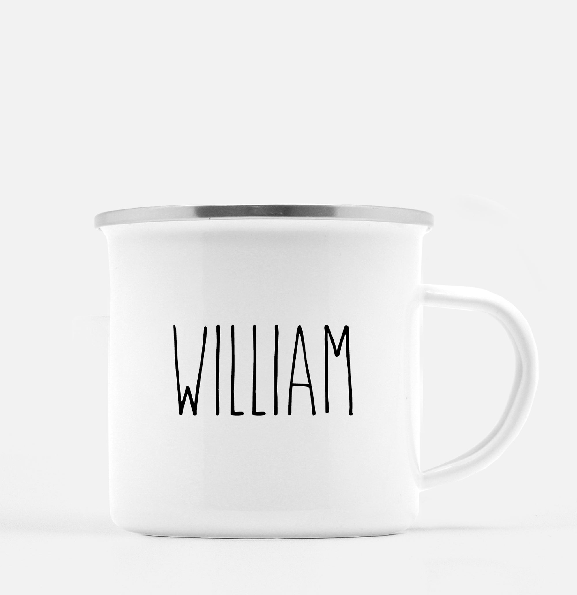 Personalize our popular 12oz white enamel metal camp mug with your child's name.  Simple skinny text.  Silver lip | PIPSY.COM