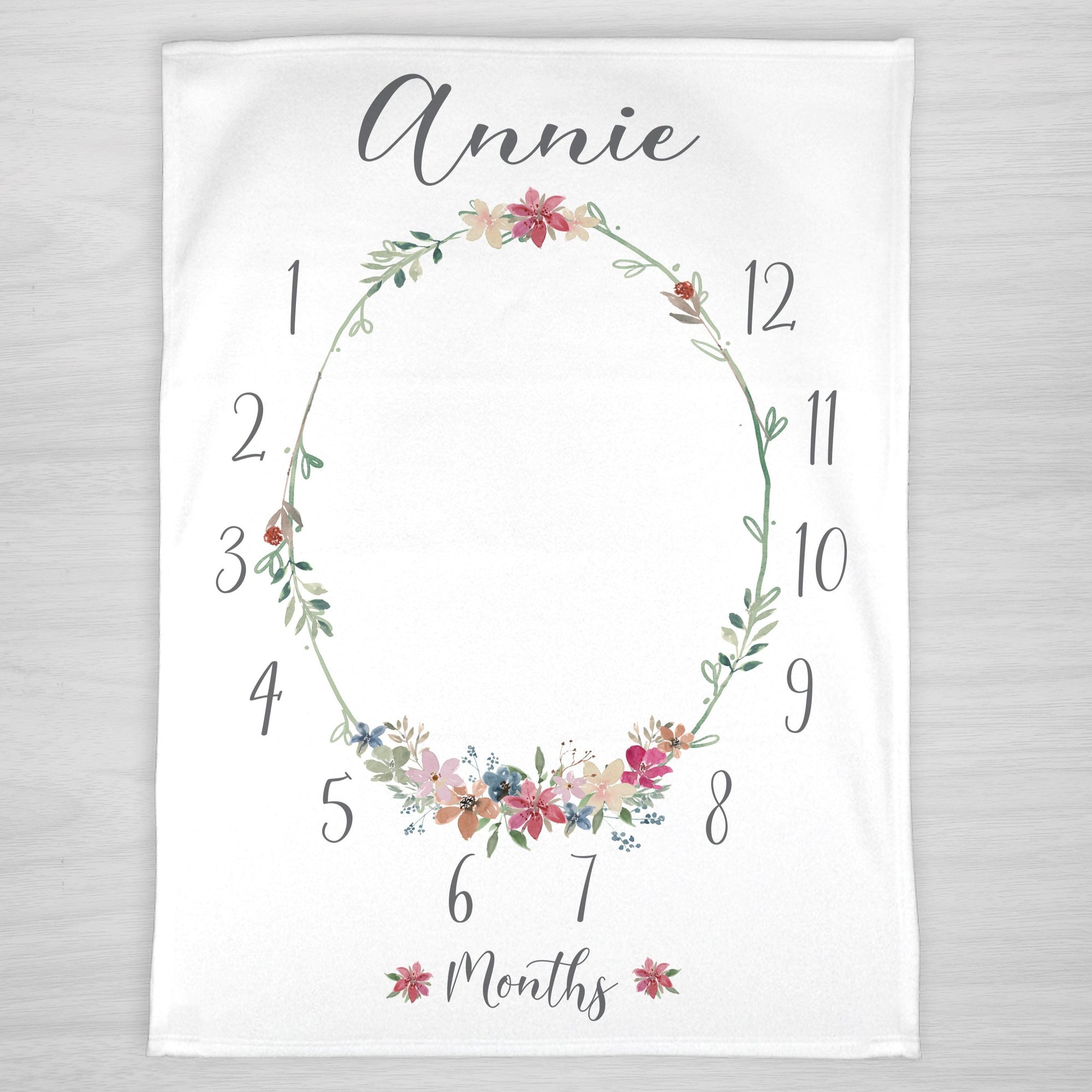 Wildflower Wreath Milestone blanket, delicate floral wreath, personalized with baby girl's name