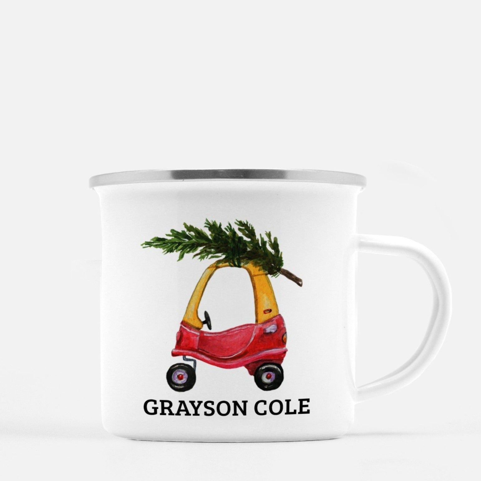 Fun personalized white enamel camp mug with silver lip - Your favorite toy car with tree design personalized with your child's name | PIPSY.COM