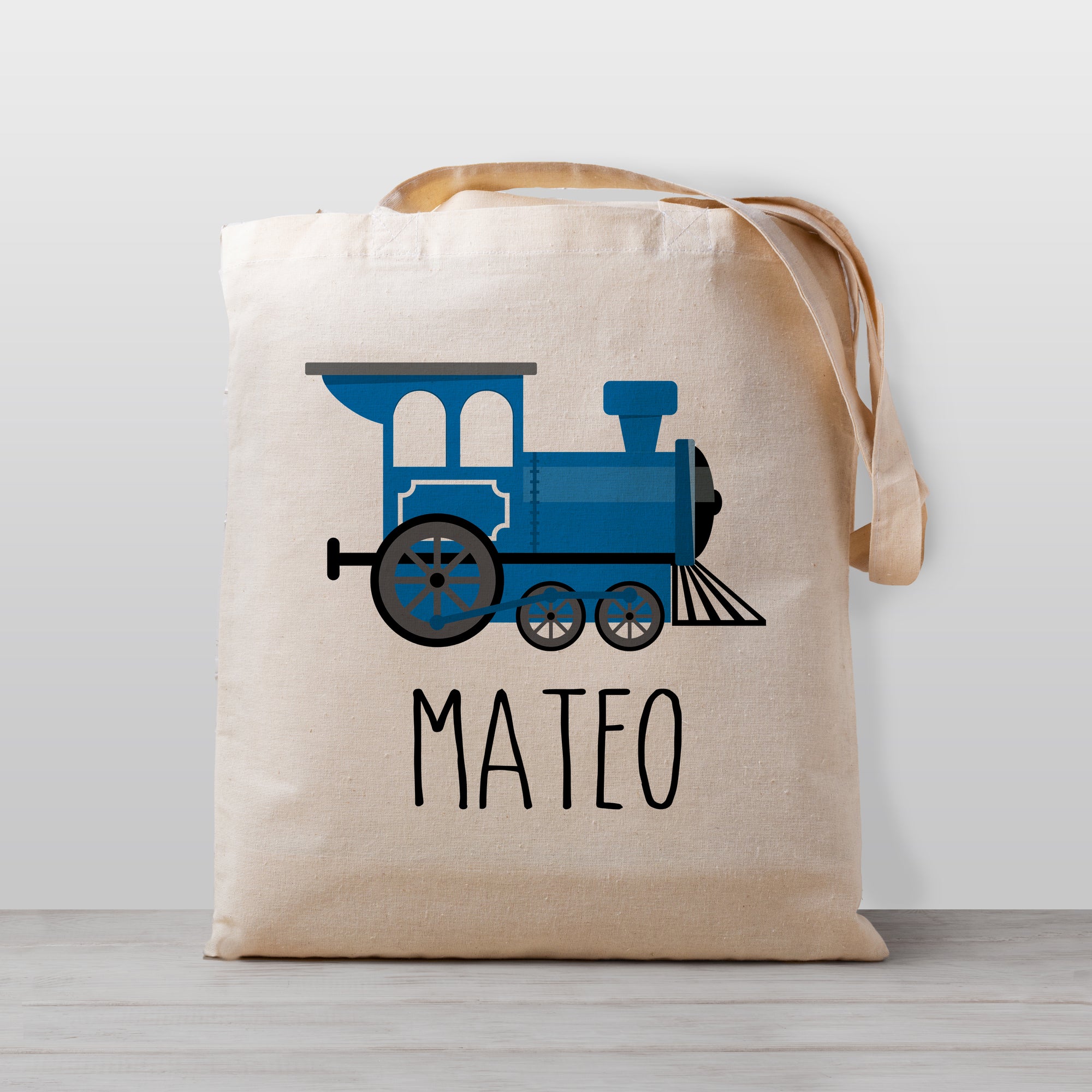 Personalized train tote bag, blue and black train, lightweight and easy for kids to carry, 100% natural cotton canvas