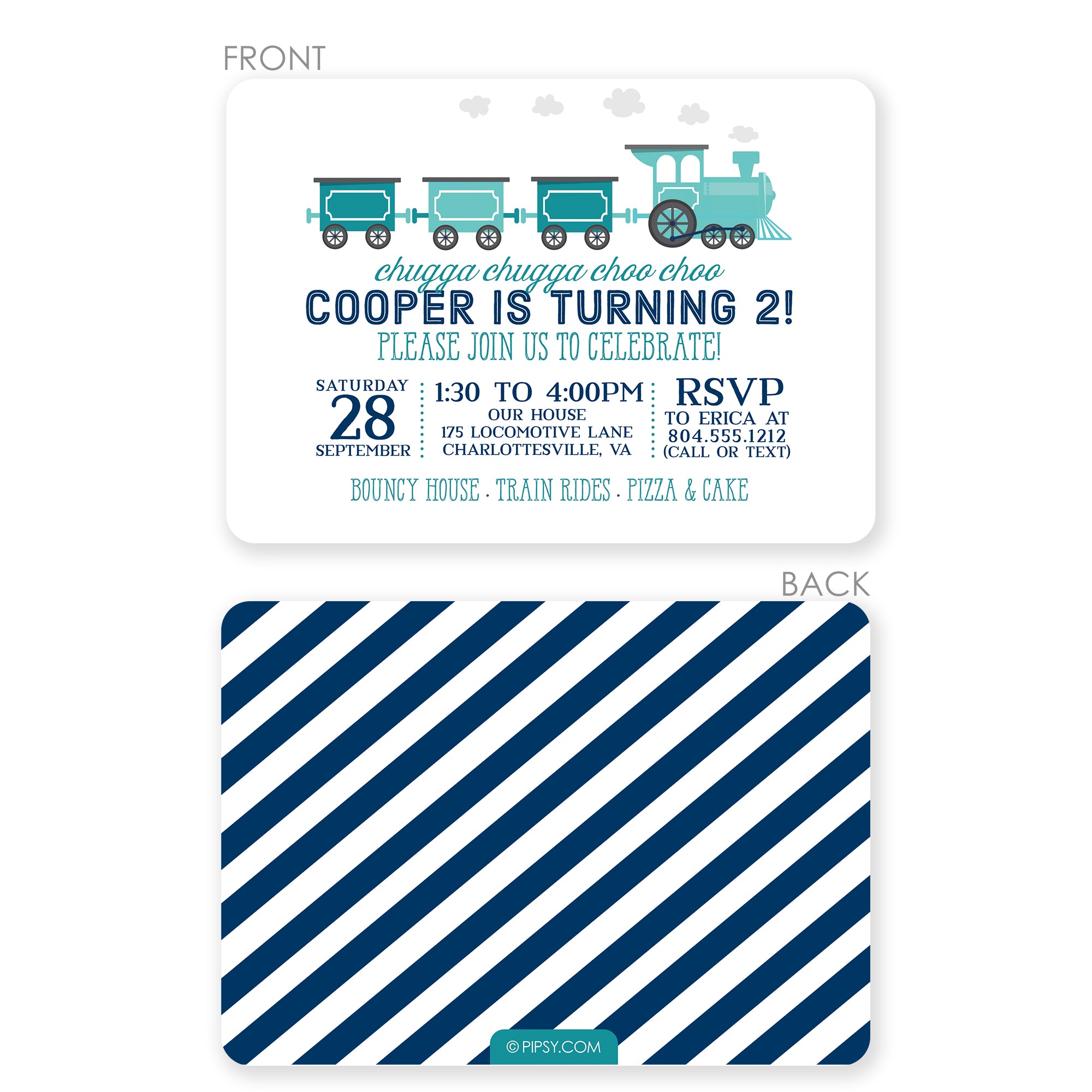 Cute train birthday invitations in navy blue, printed on thick cardstock with front and back side printing
