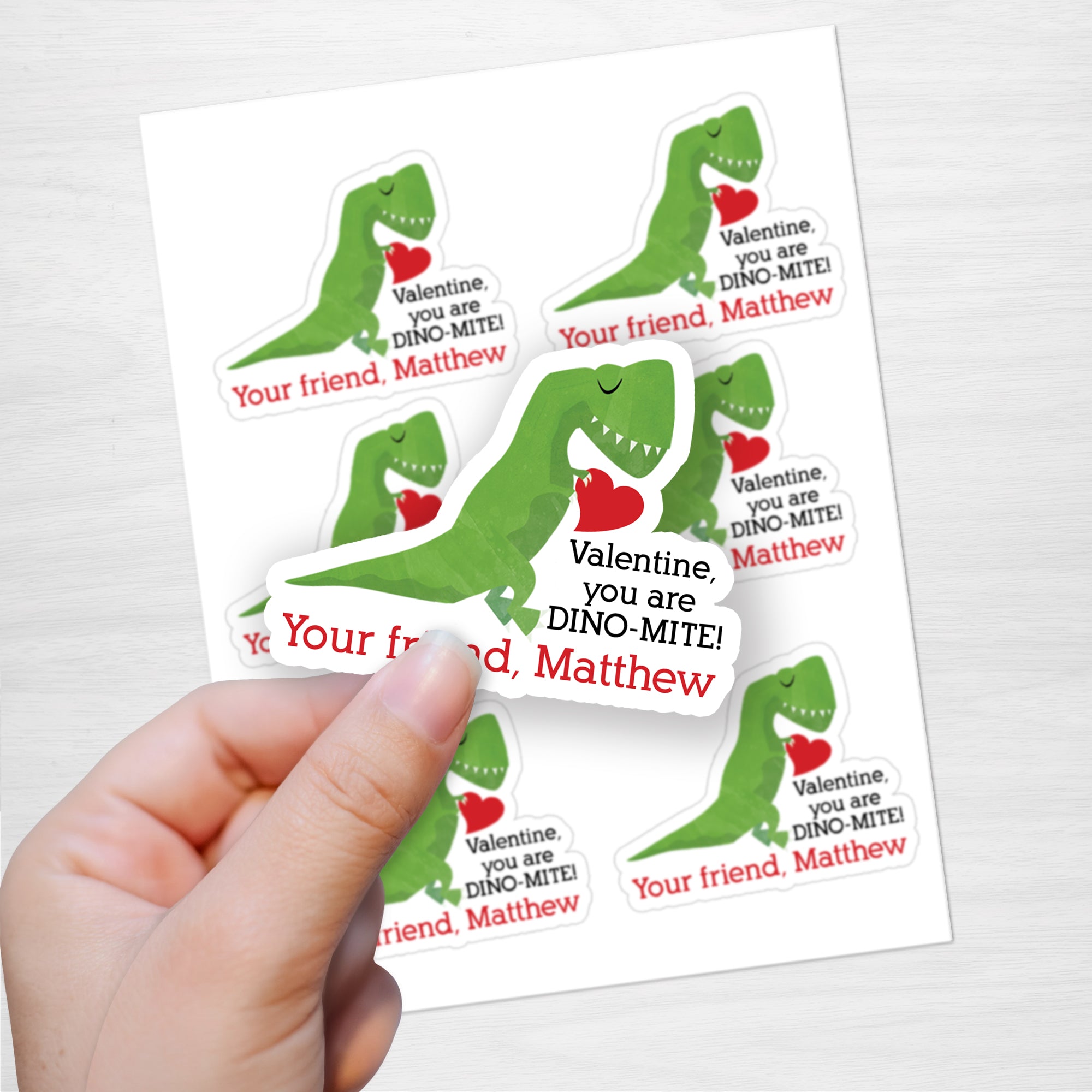 Valentine's Day Stickers, Personalized and Custom Die cut featuring a tyrannosaurus rex dinosaur and a heart