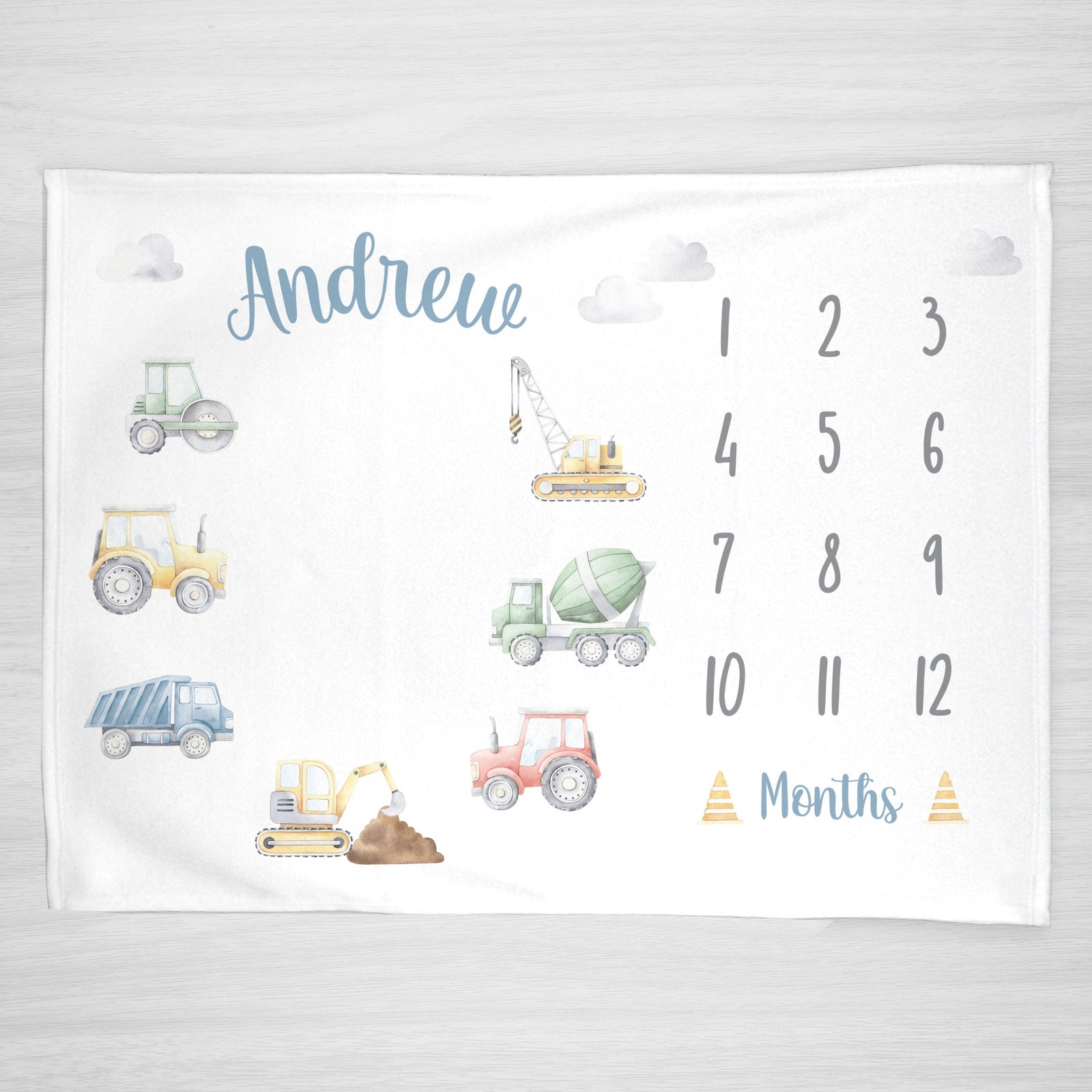 Truck Milestone Blanket for baby boys, featuring construction vehicles (backhoe, crane, tractor, steam roller, dump truck, and cement mixer), Personalized from Pipsy.com