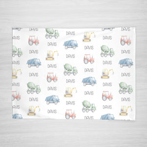 Truck Personalized Name Blanket, 100% fleece, featuring a backhoe, tractor, cement mixer, and dump truck
