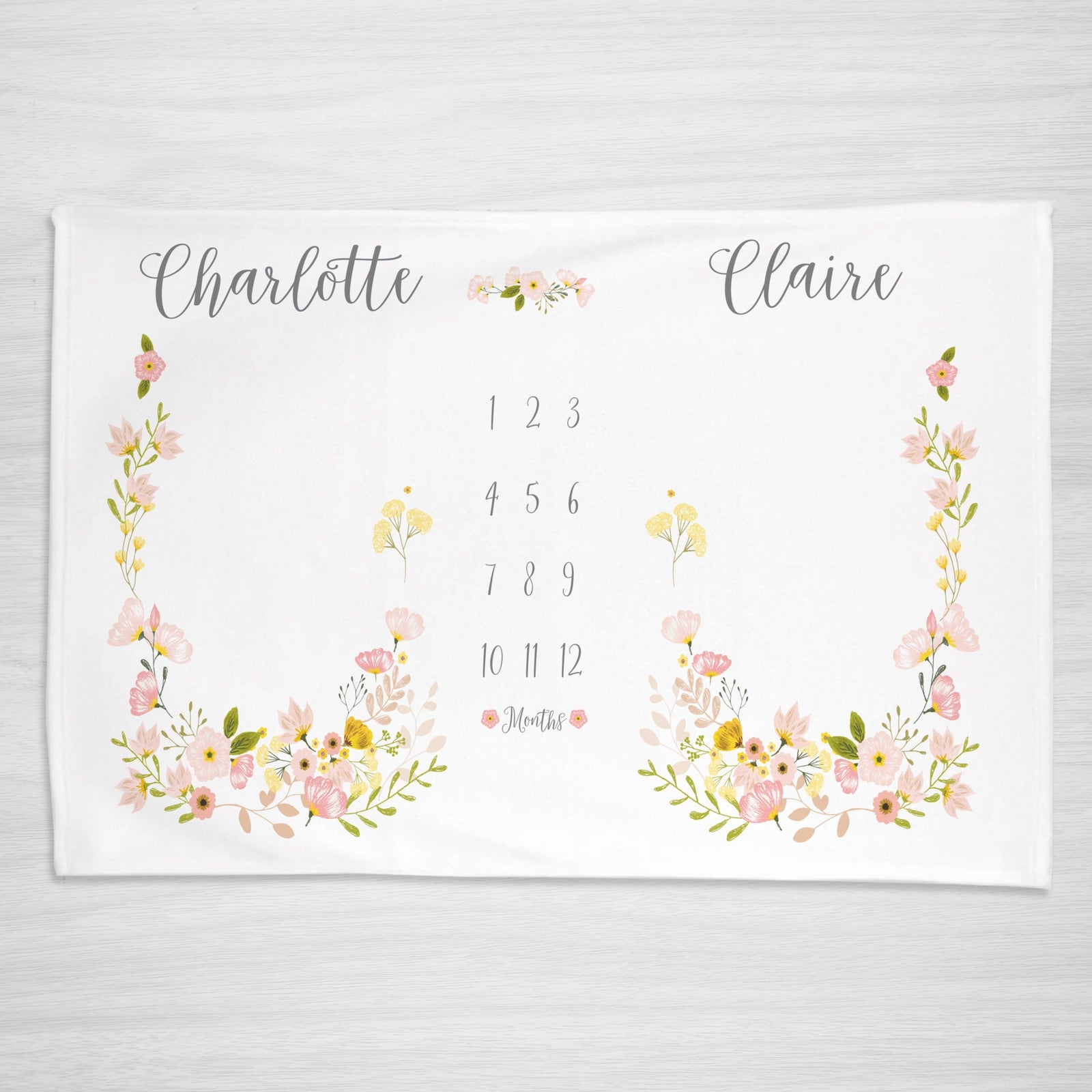 Twin Blossom Floral Milestone Blanket, Perfect for little girls with pink and yellow flowers, Personalized