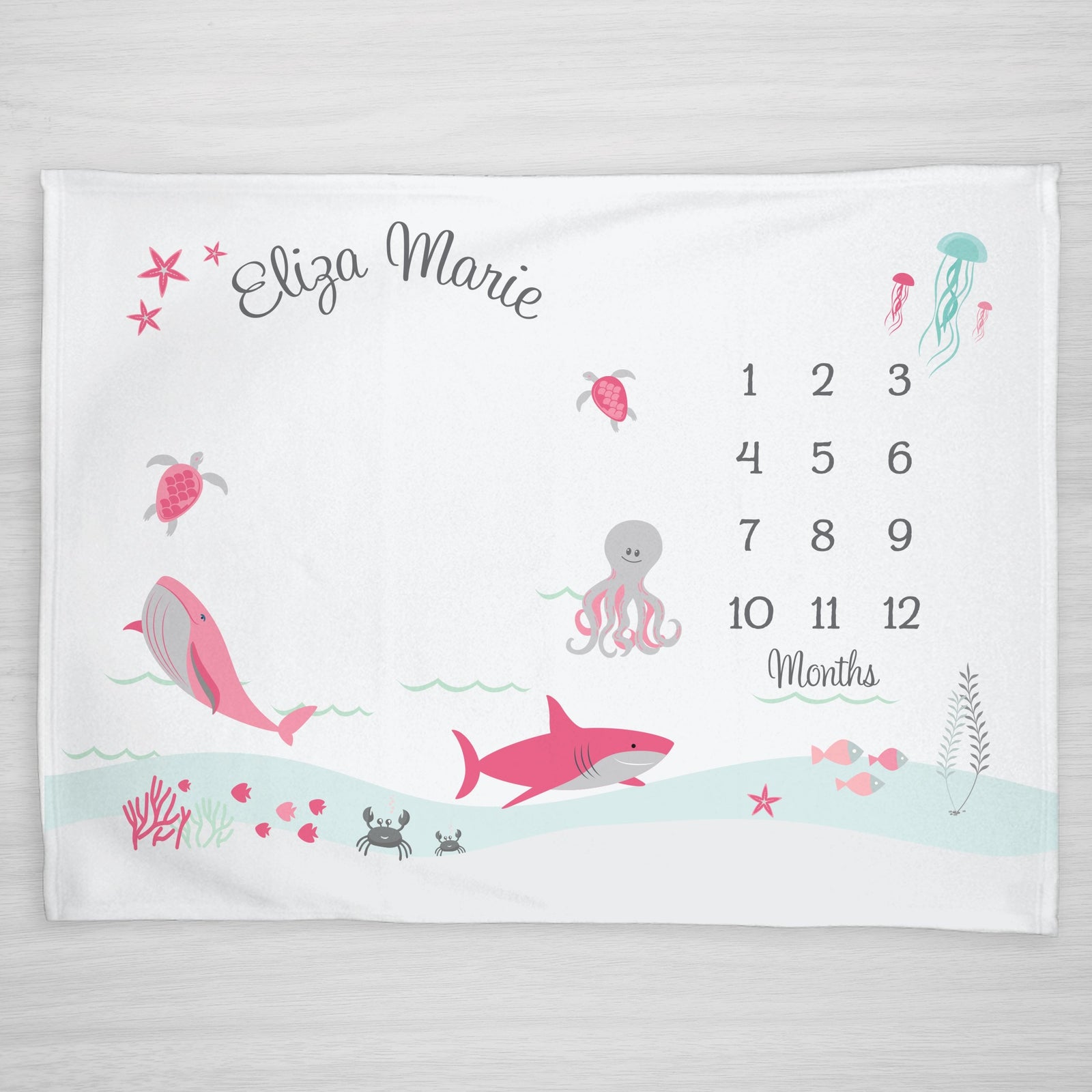 Under the Sea Milestone Blanket, Personalized in pinks, gray, and seafoam green. Featuring an octopus, whale, sea turtle, shark, and more