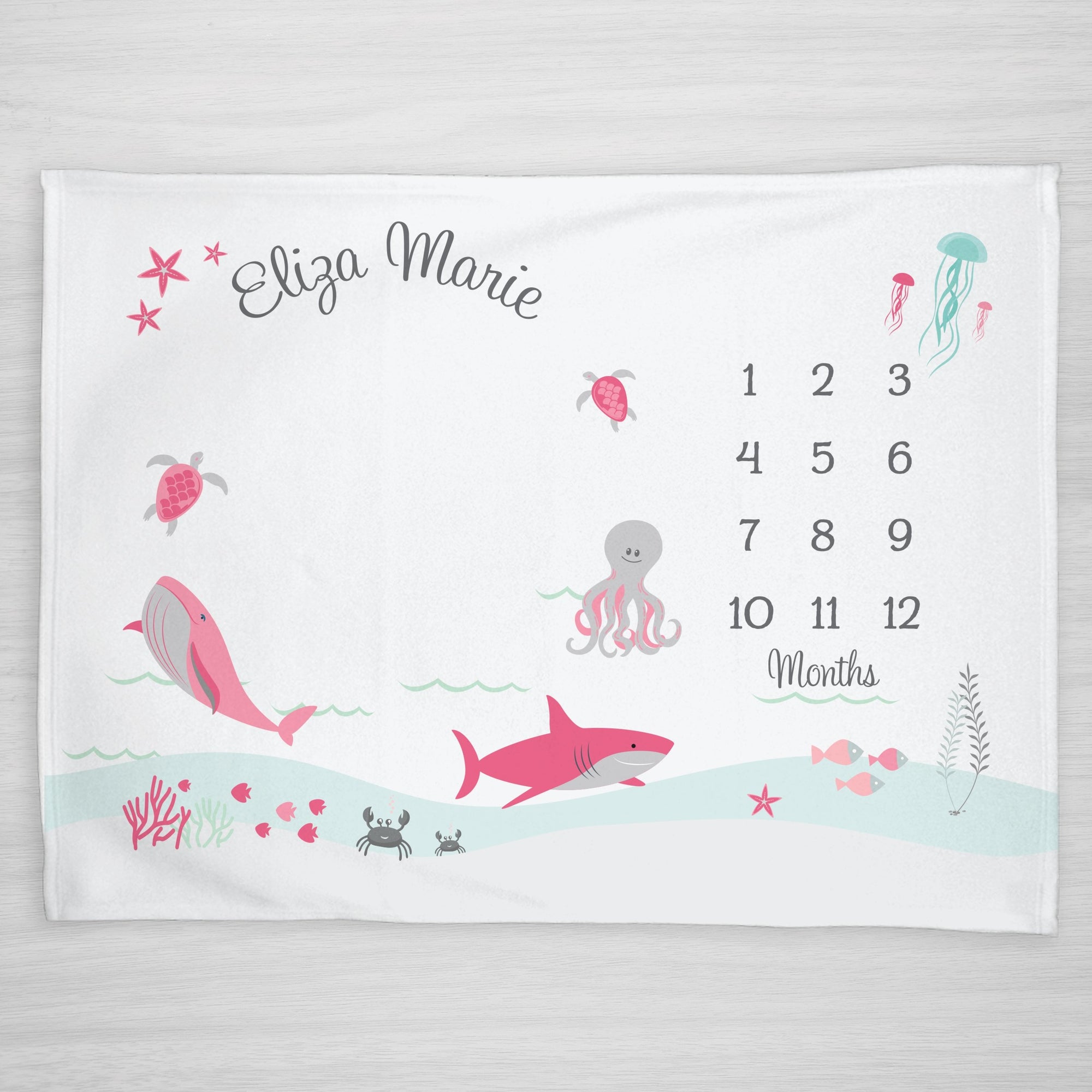 Under the Sea Milestone Blanket, Personalized in pinks, gray, and seafoam green. Featuring an octopus, whale, sea turtle, shark, and more