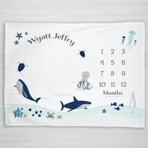 Under the sea milestone blanket in navy, mint, and gray, Pipsy.com