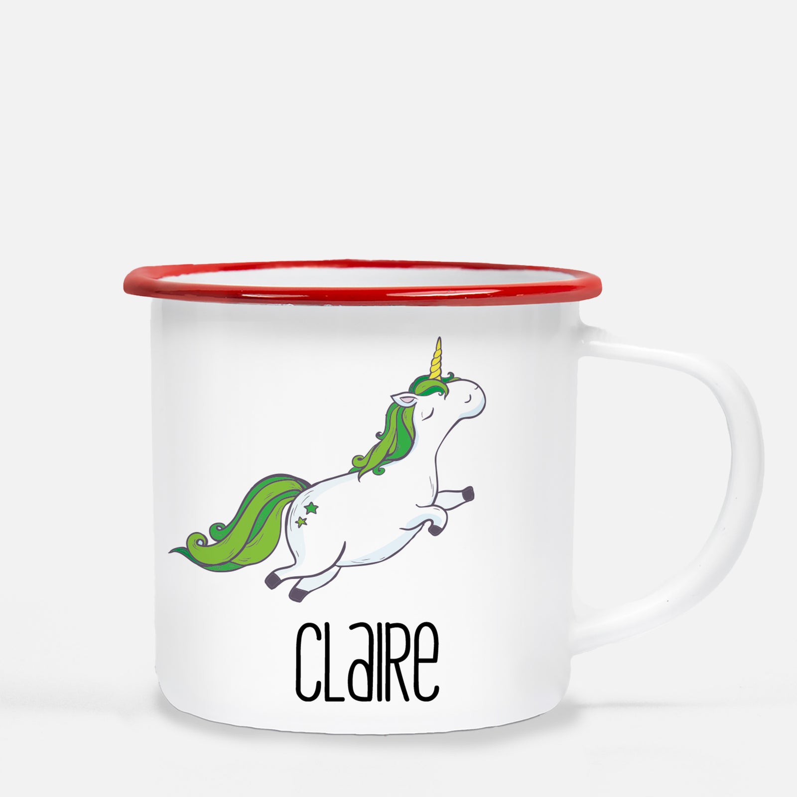 Jumping Unicorn Personalized Happy St. Patrick's Day12 oz metal camp mug.  Silver lip, white enamel, dishwasher safe, design printed on both sides.  unbreakable Pipsy.com