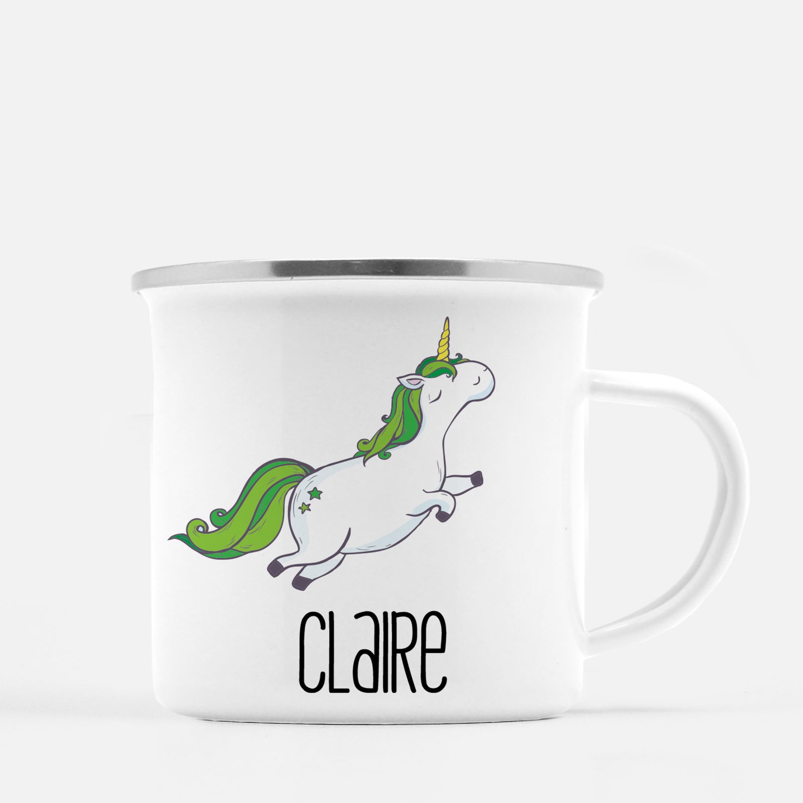 Jumping Unicorn Personalized Happy St. Patrick's Day12 oz metal camp mug.  Silver lip, white enamel, dishwasher safe, design printed on both sides.  unbreakable Pipsy.com