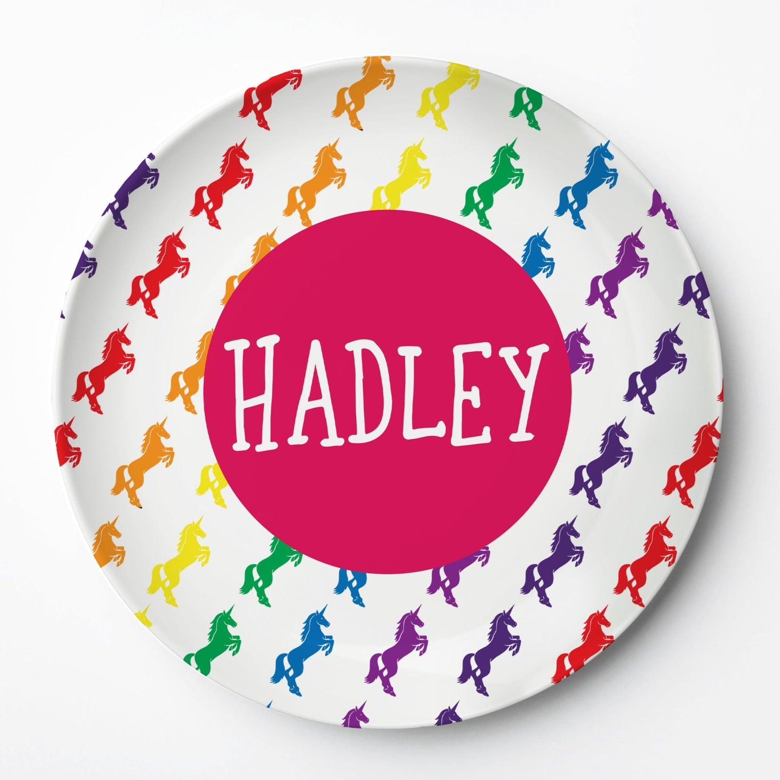 A rainbow of unicorns on the personalized plate, Pipsy.com