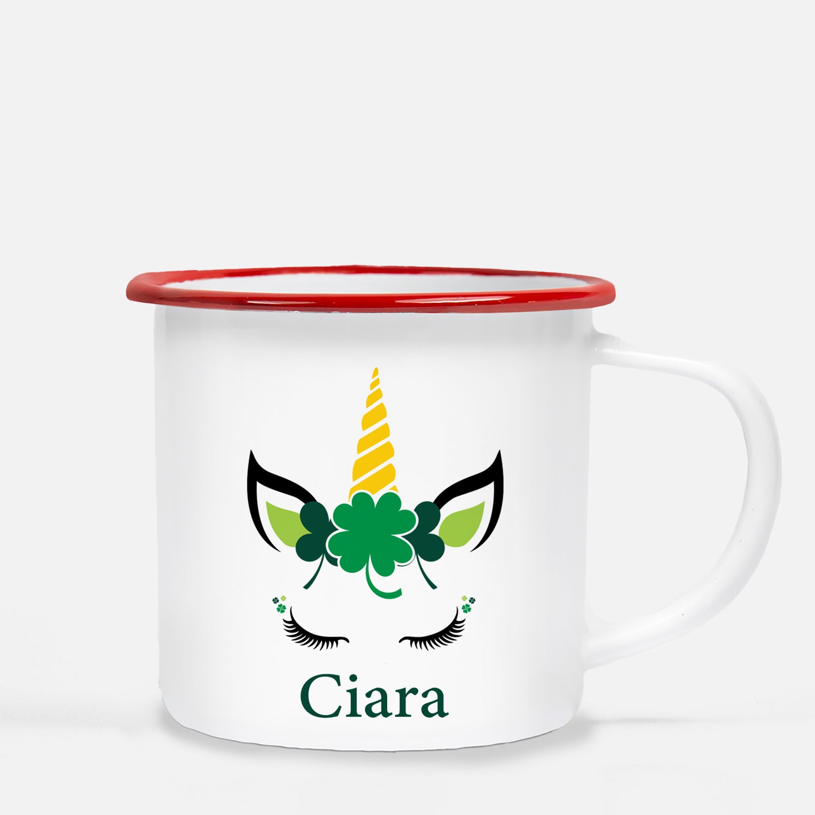Unicorn Face Personalized Happy St. Patrick's Day12 oz metal camp mug.  Silver lip, white enamel, dishwasher safe, design printed on both sides.  unbreakable Pipsy.com