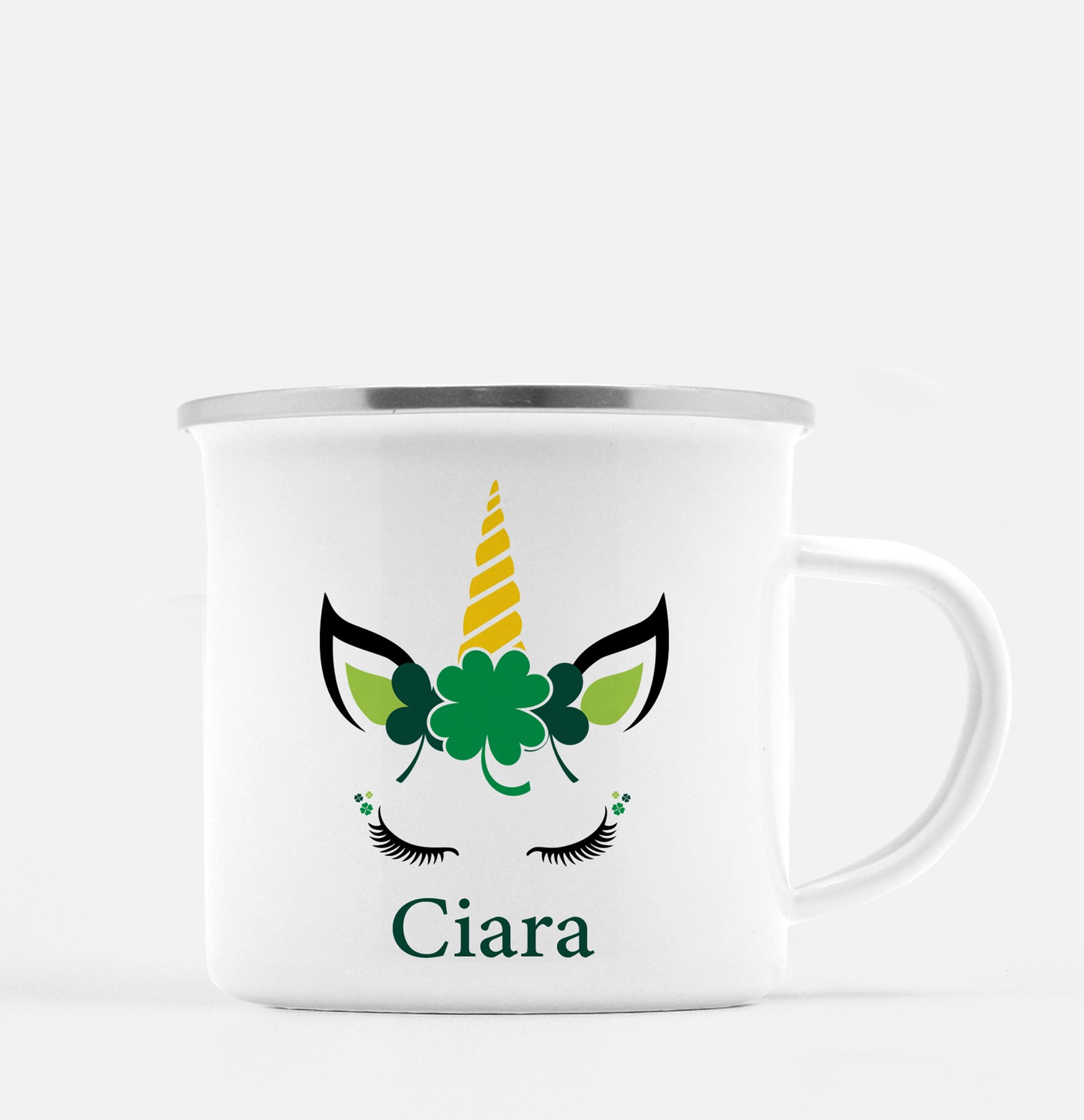 Unicorn Face Personalized Happy St. Patrick's Day12 oz metal camp mug.  Silver lip, white enamel, dishwasher safe, design printed on both sides.  unbreakable Pipsy.com