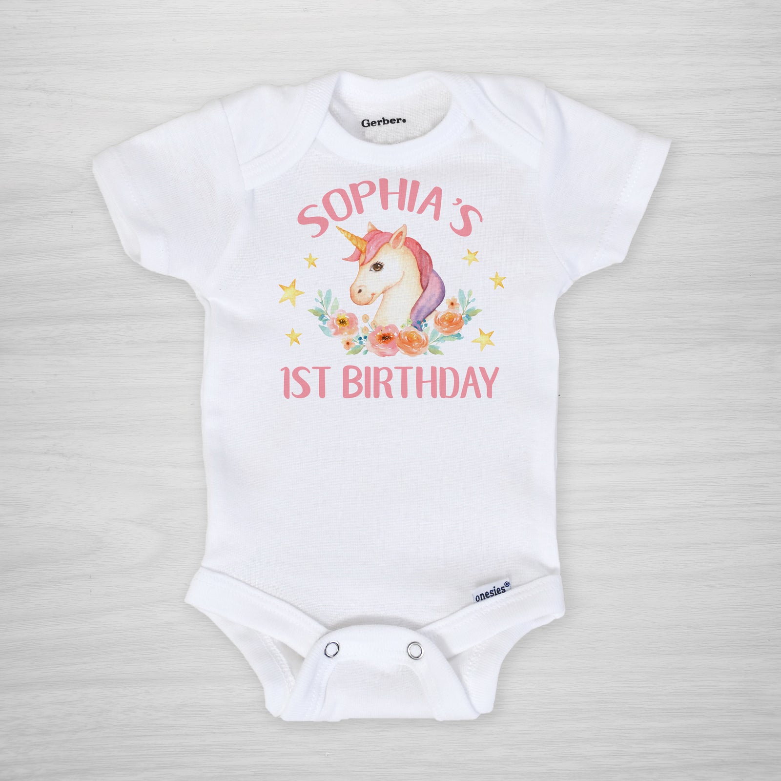 Unicorn first birthday personalized Gerber Onesie®, short sleeved
