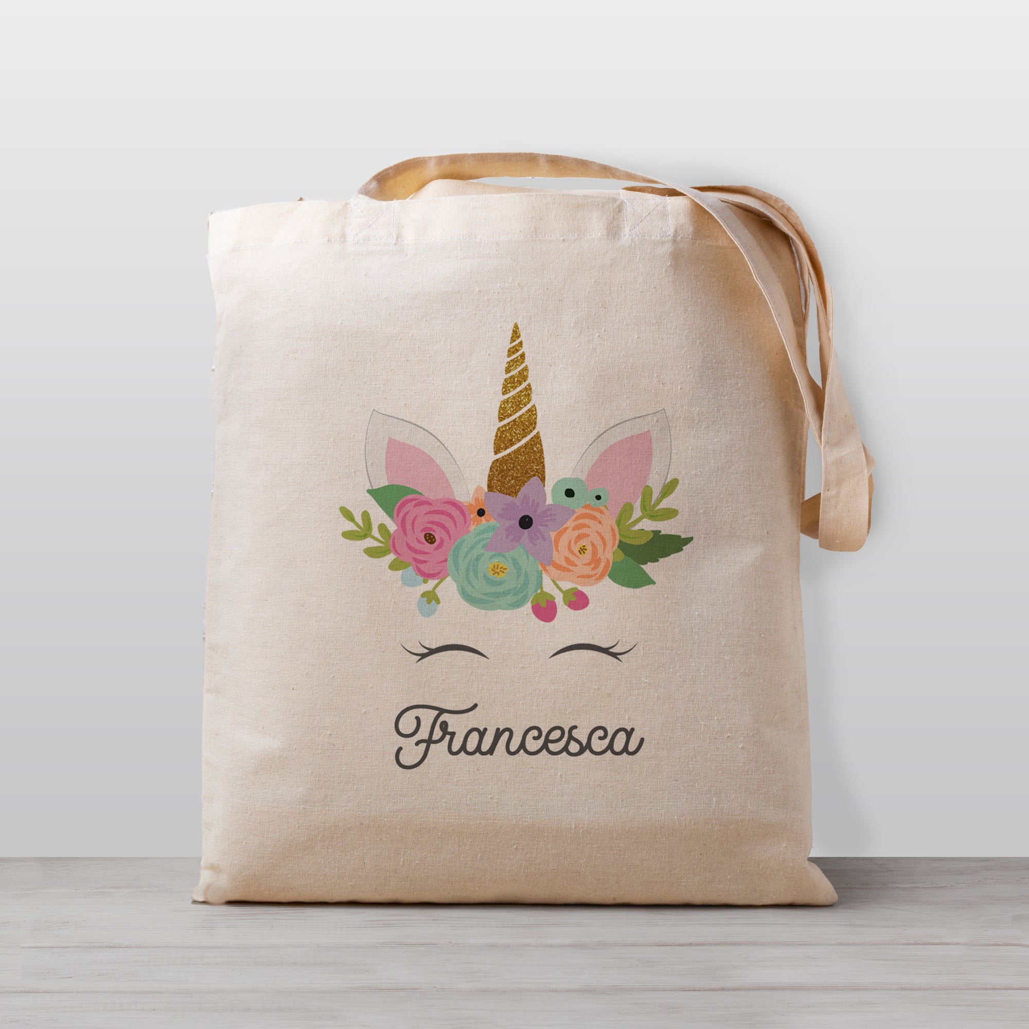 Unicorn Tote Bag, Personalized with flowers, 100% natural cotton canvas