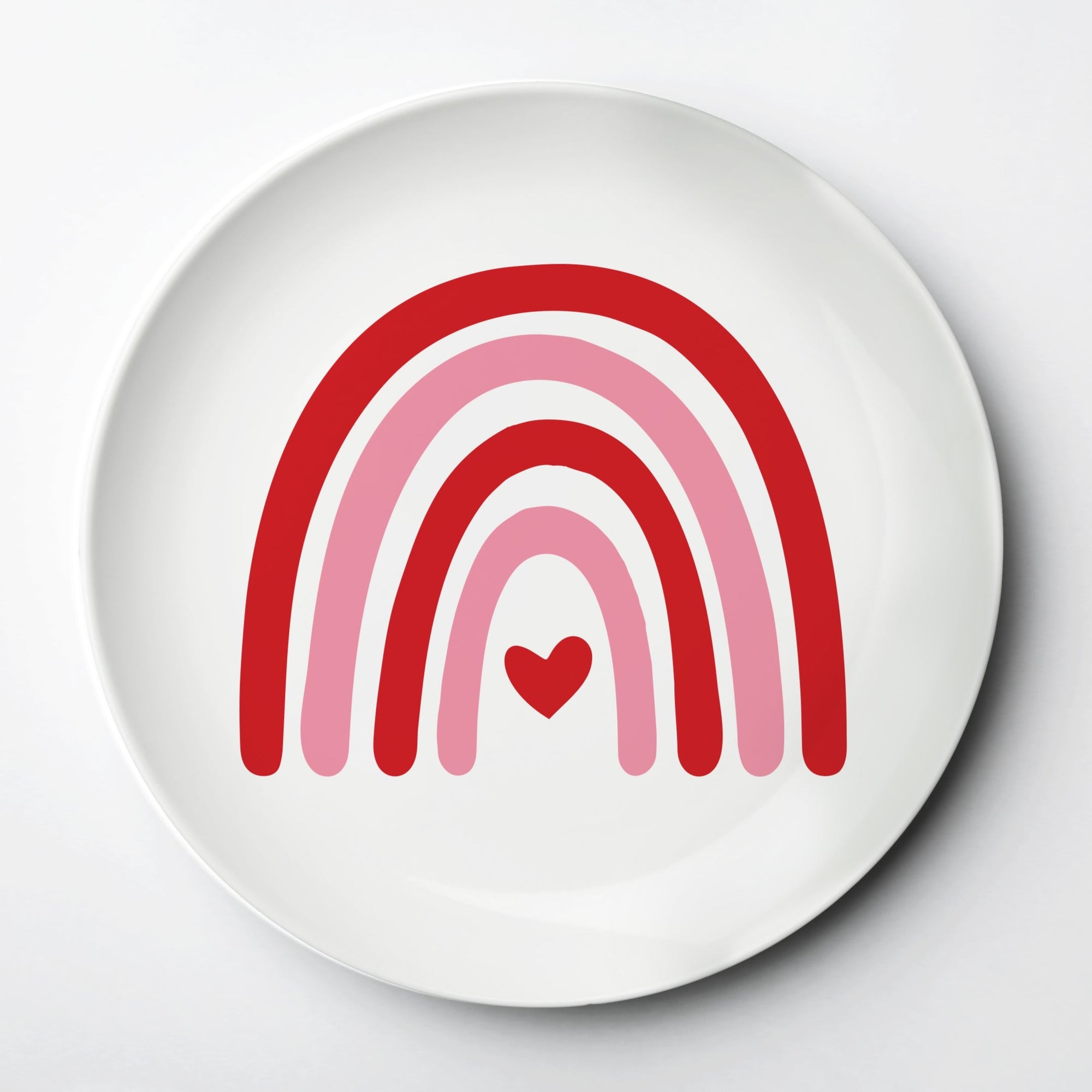 Valentine's Day, Modern boho rainbow ThermoSāf® kids reusable plate, microwave, dishwasher and oven safe.  Made in the USA, Pipsy.com