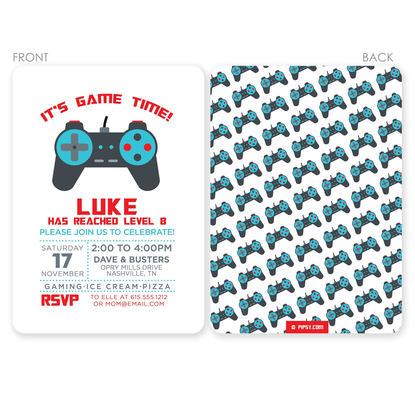 Video Game Birthday Invitation, with a controller for the gamer, printed on ultra heavy premium cardstock, pipsy.com